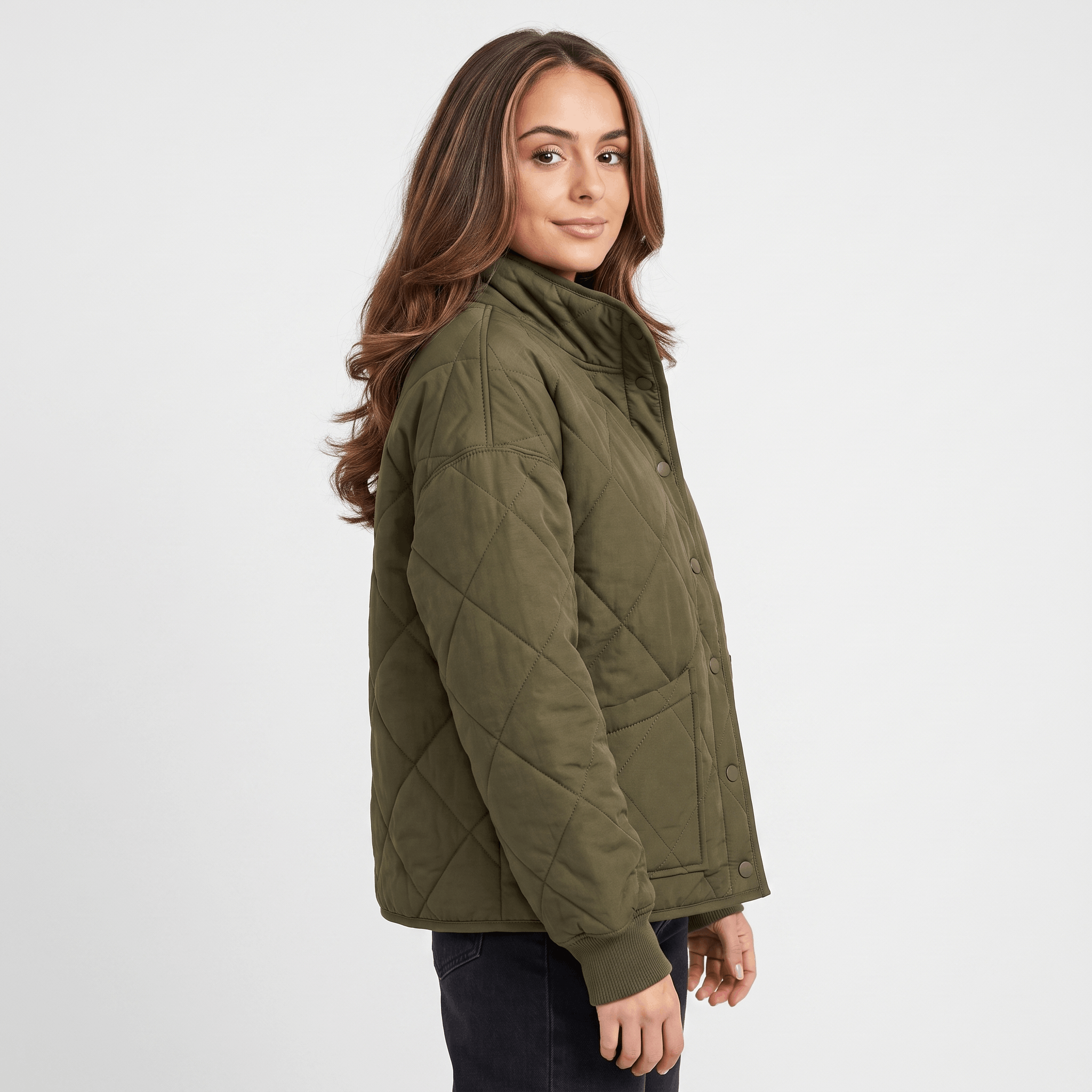 Valeria Diamond-Quilted Bomber Jacket – Button-Up Lightly-Padded Relaxed Outerwear