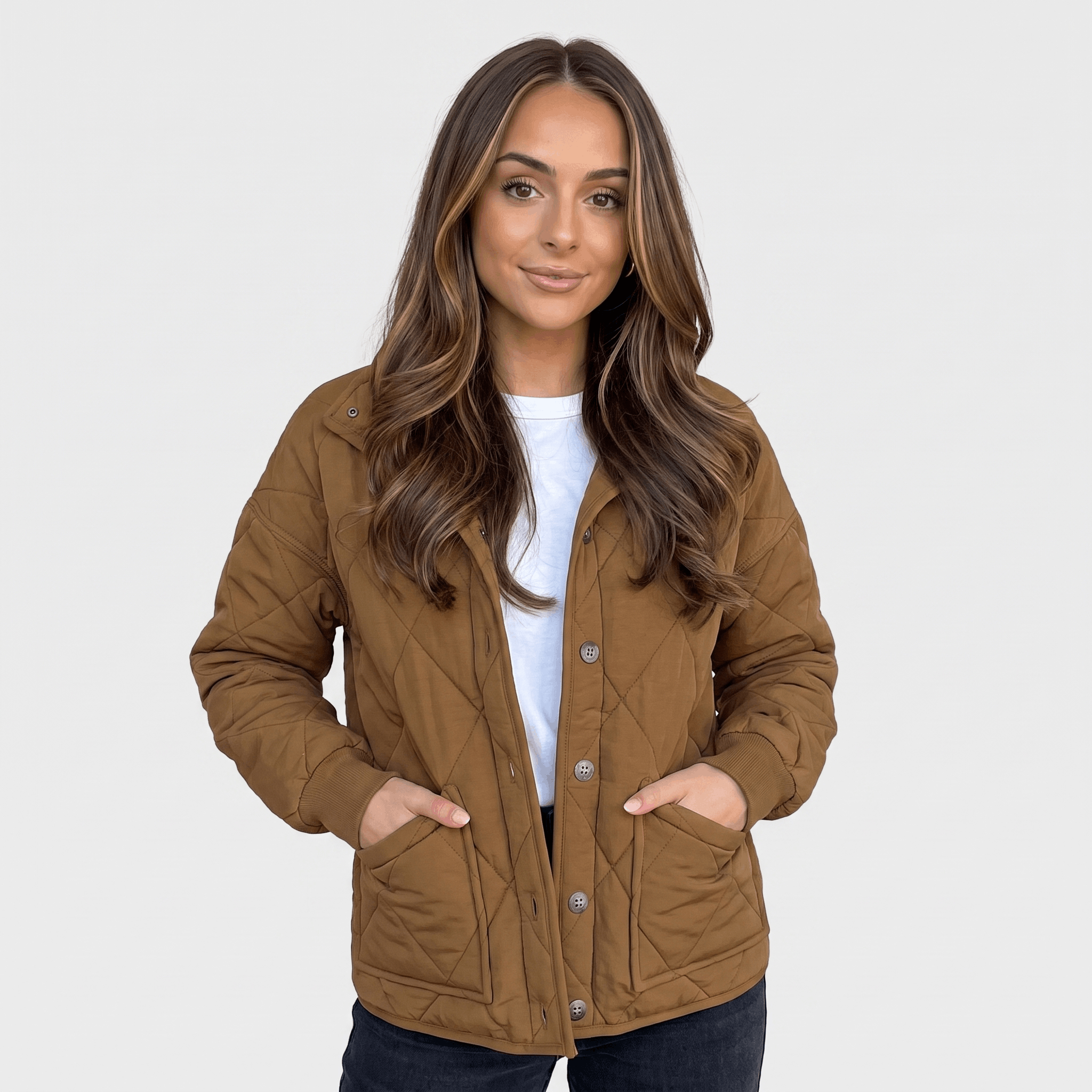 Valeria Diamond-Quilted Bomber Jacket – Button-Up Lightly-Padded Relaxed Outerwear