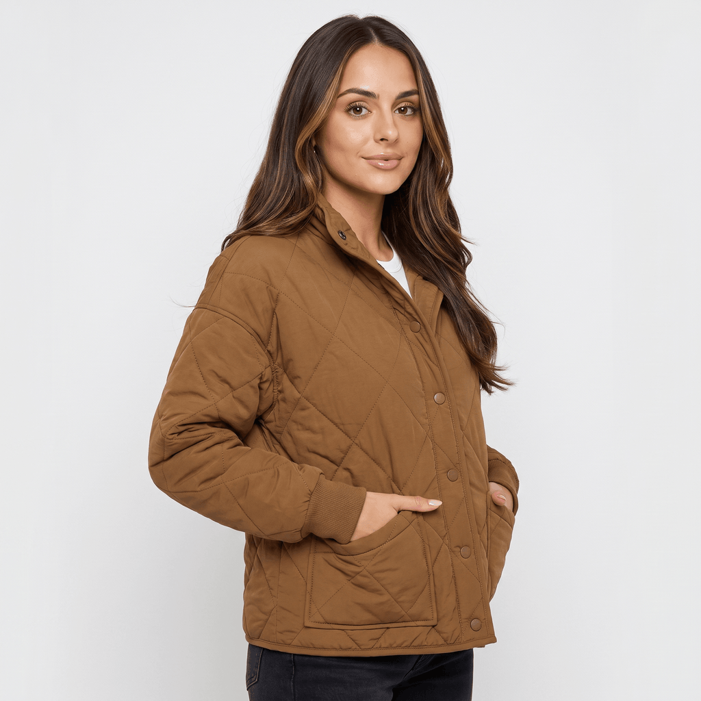 Valeria Diamond-Quilted Bomber Jacket – Button-Up Lightly-Padded Relaxed Outerwear