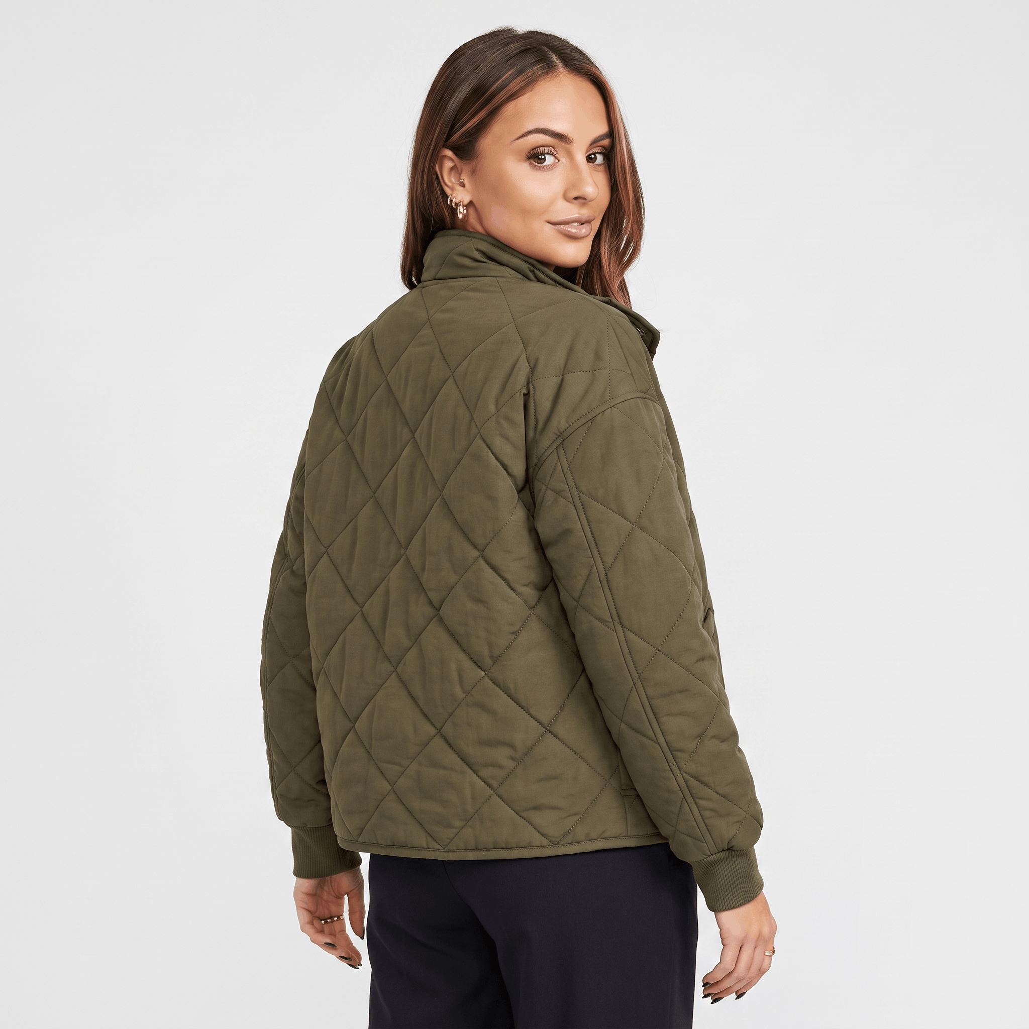 Valeria Diamond-Quilted Bomber Jacket – Button-Up Lightly-Padded Relaxed Outerwear