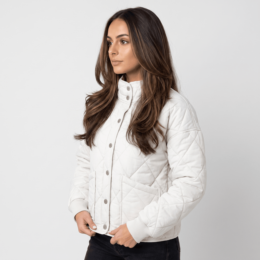 Valeria Diamond-Quilted Bomber Jacket – Button-Up Lightly-Padded Relaxed Outerwear