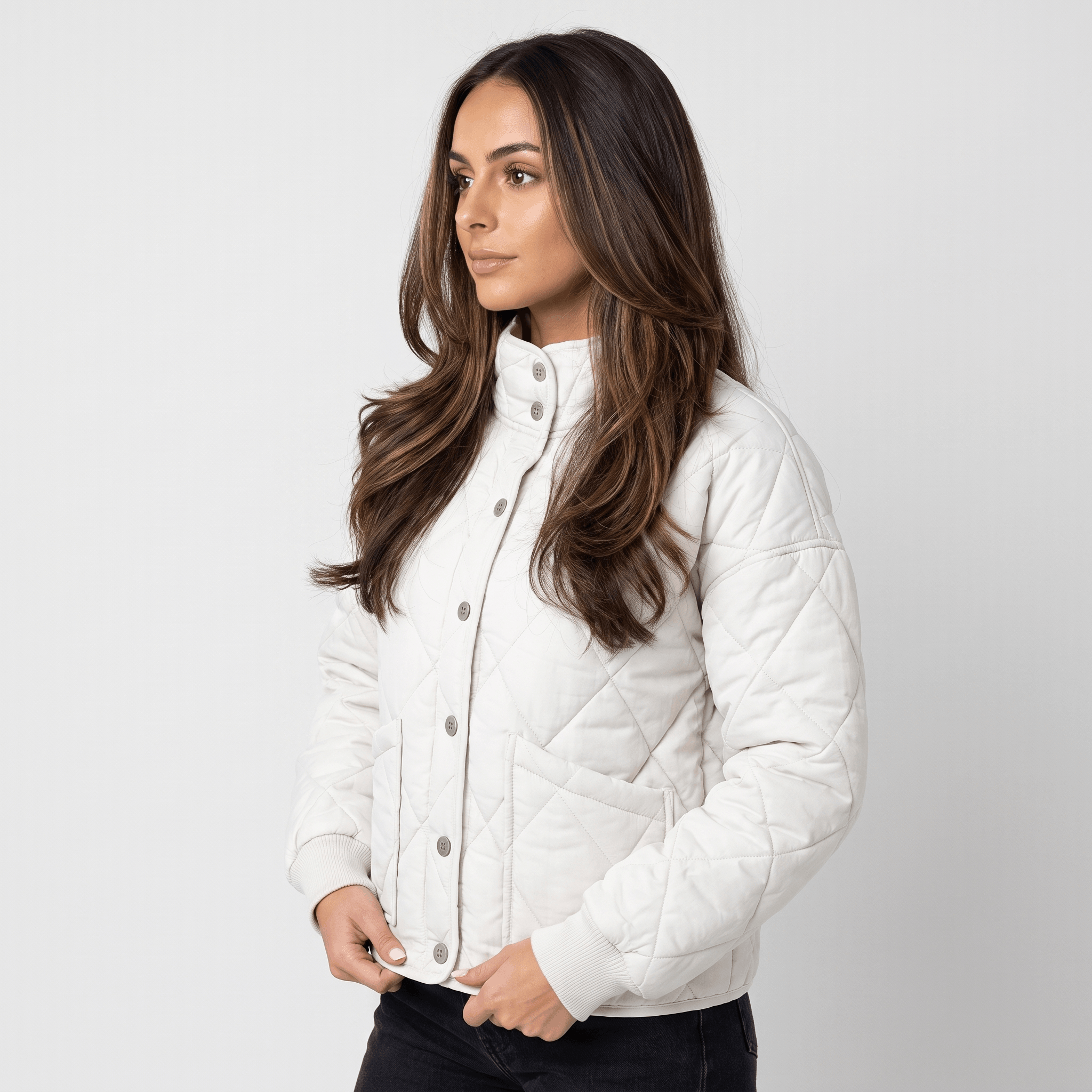 Valeria Diamond-Quilted Bomber Jacket – Button-Up Lightly-Padded Relaxed Outerwear