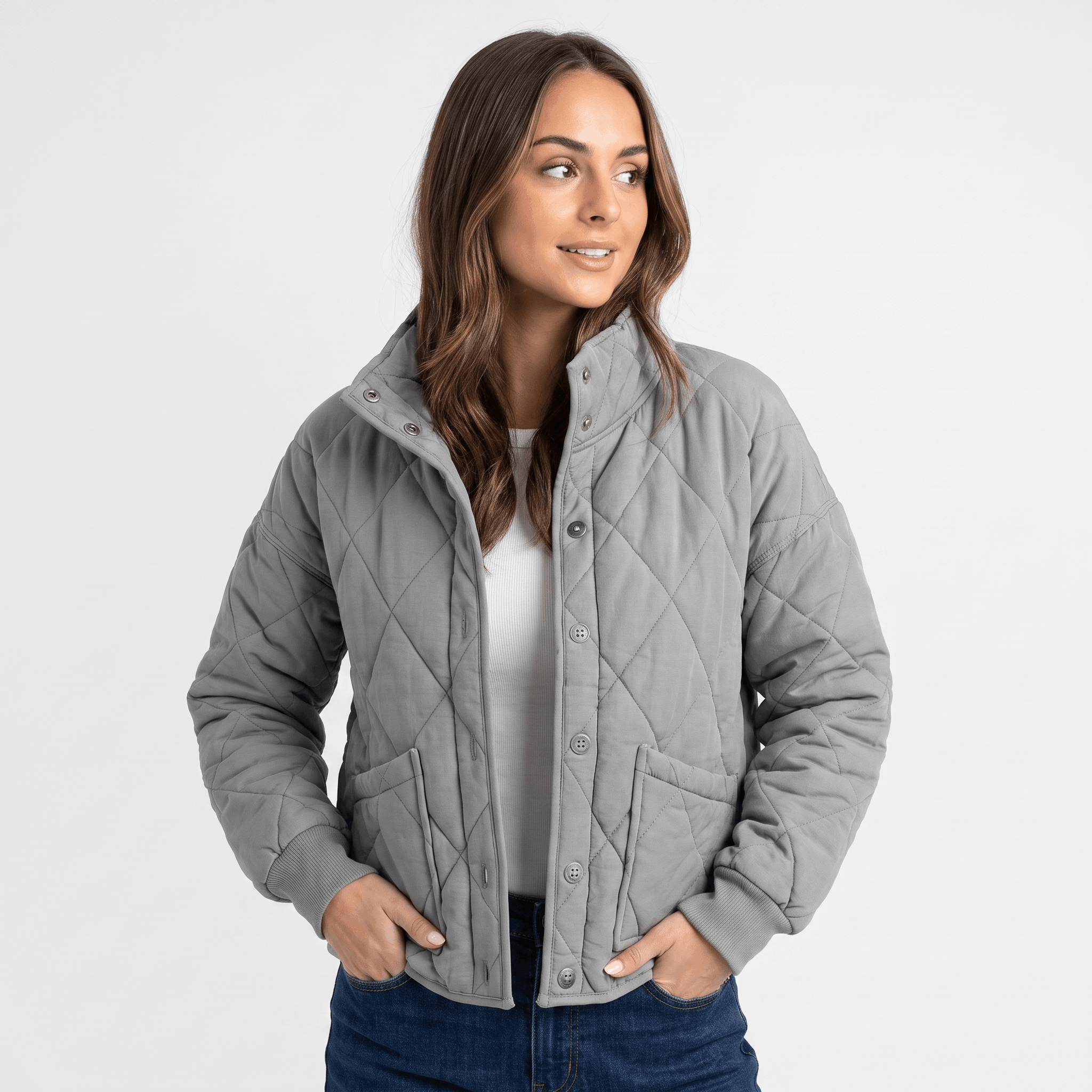 Valeria Diamond-Quilted Bomber Jacket – Button-Up Lightly-Padded Relaxed Outerwear