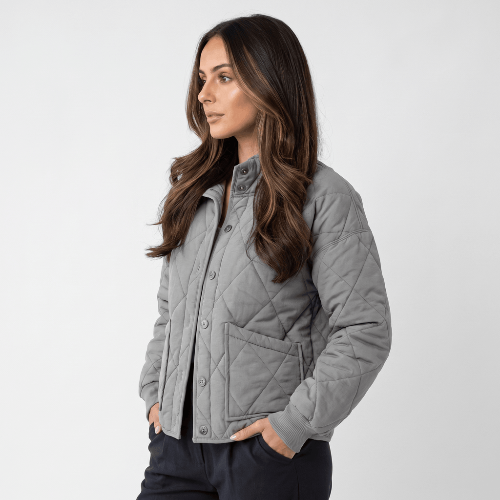 Valeria Diamond-Quilted Bomber Jacket – Button-Up Lightly-Padded Relaxed Outerwear