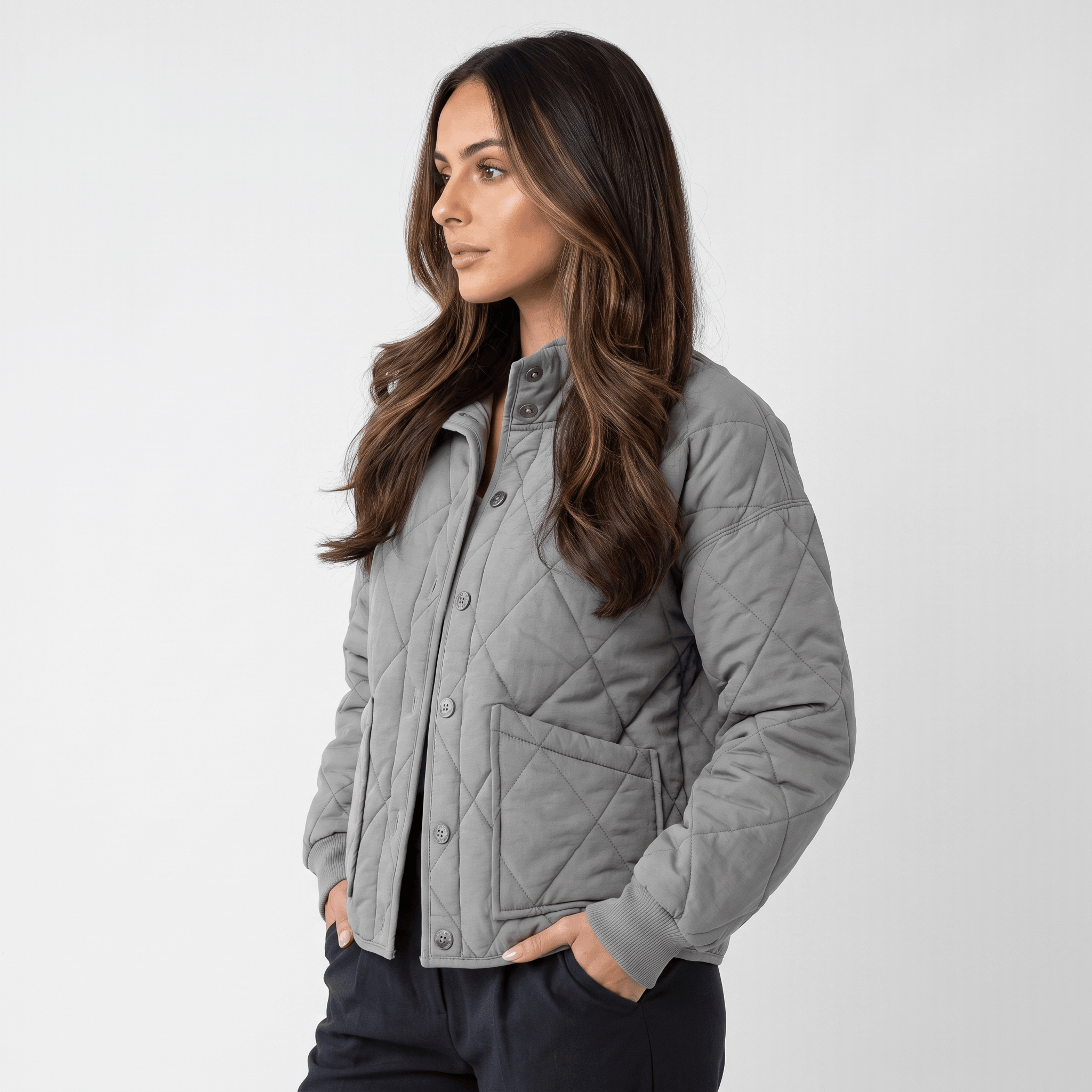 Valeria Diamond-Quilted Bomber Jacket – Button-Up Lightly-Padded Relaxed Outerwear