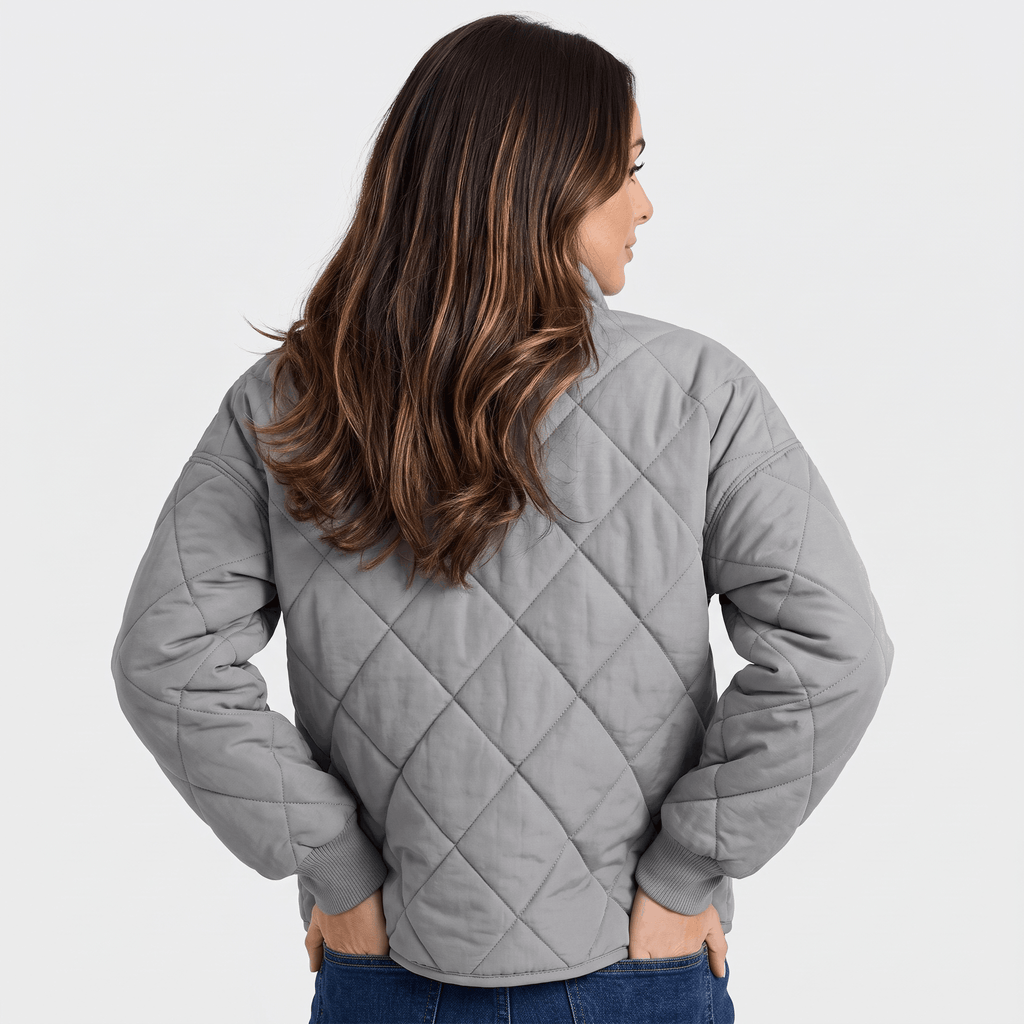 Valeria Diamond-Quilted Bomber Jacket – Button-Up Lightly-Padded Relaxed Outerwear