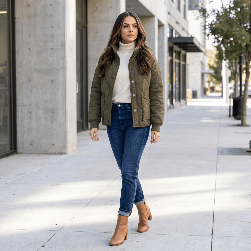Valeria Diamond-Quilted Bomber Jacket – Button-Up Lightly-Padded Relaxed Outerwear