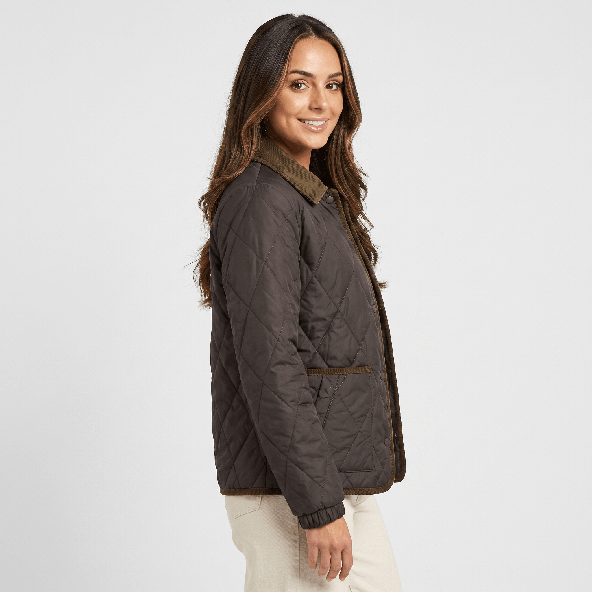 Sarah Diamond-Quilted Puffer Jacket – Corduroy-Collar Insulated Everyday Outerwear