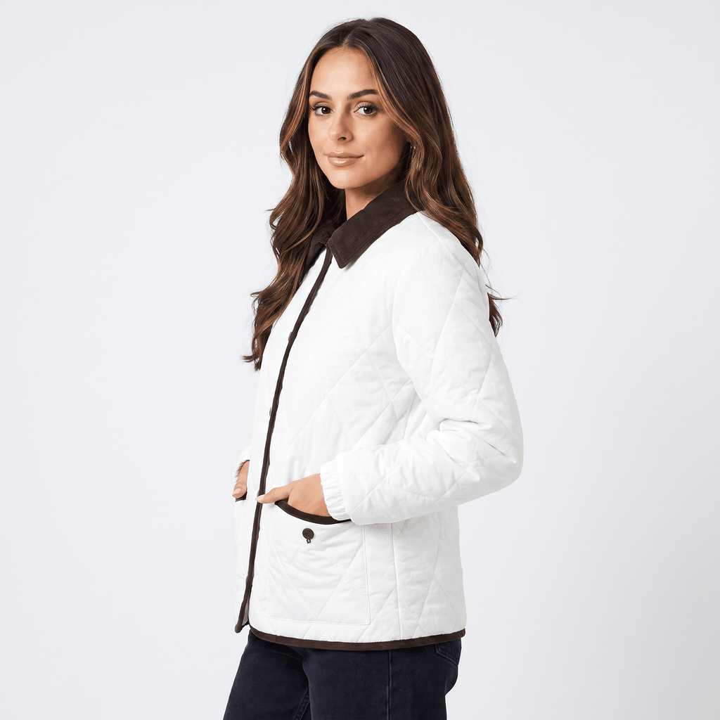 Sarah Diamond-Quilted Puffer Jacket – Corduroy-Collar Insulated Everyday Outerwear