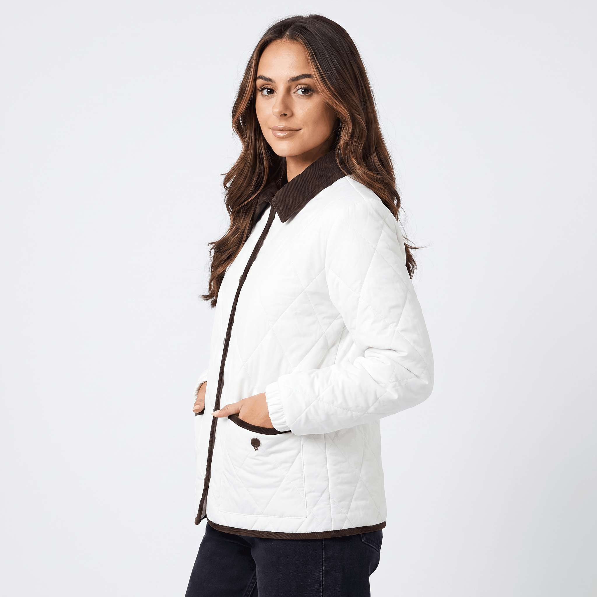 Sarah Diamond-Quilted Puffer Jacket – Corduroy-Collar Insulated Everyday Outerwear