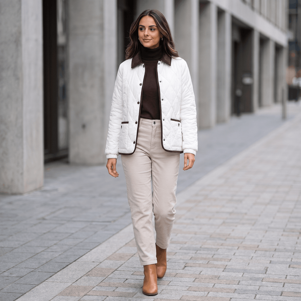 Sarah Diamond-Quilted Puffer Jacket – Corduroy-Collar Insulated Everyday Outerwear
