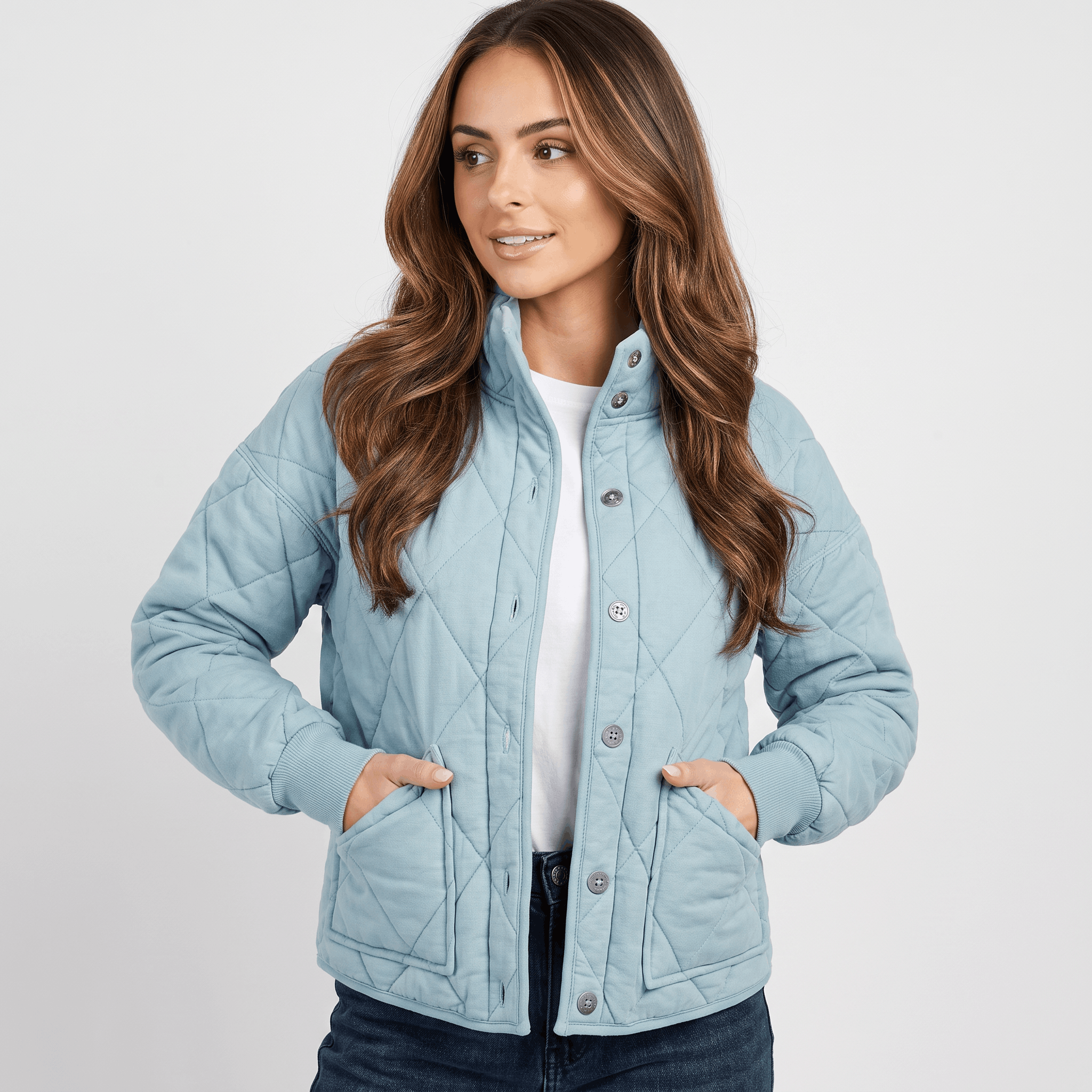 Valeria Diamond-Quilted Bomber Jacket – Button-Up Lightly-Padded Relaxed Outerwear