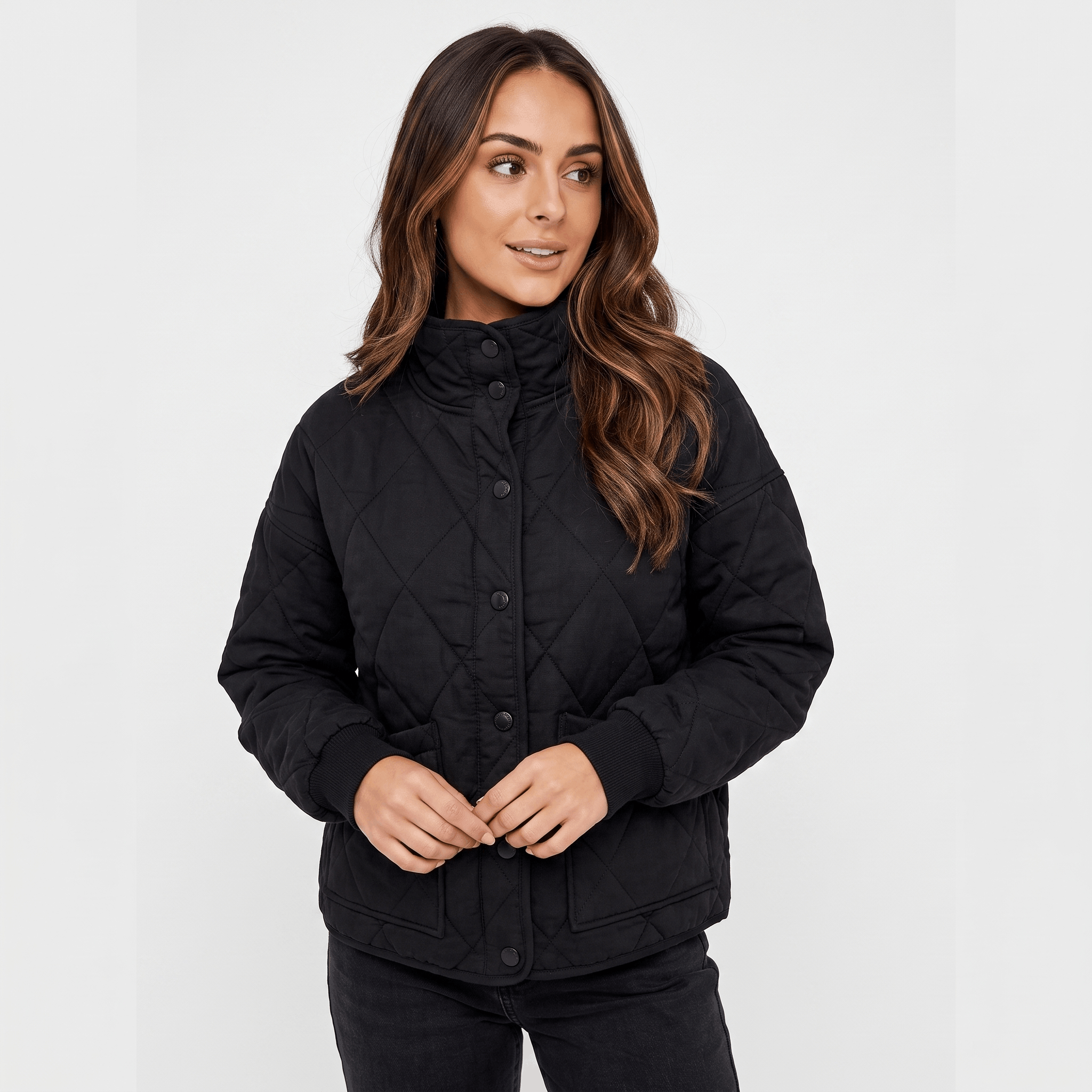 Valeria Diamond-Quilted Bomber Jacket – Button-Up Lightly-Padded Relaxed Outerwear