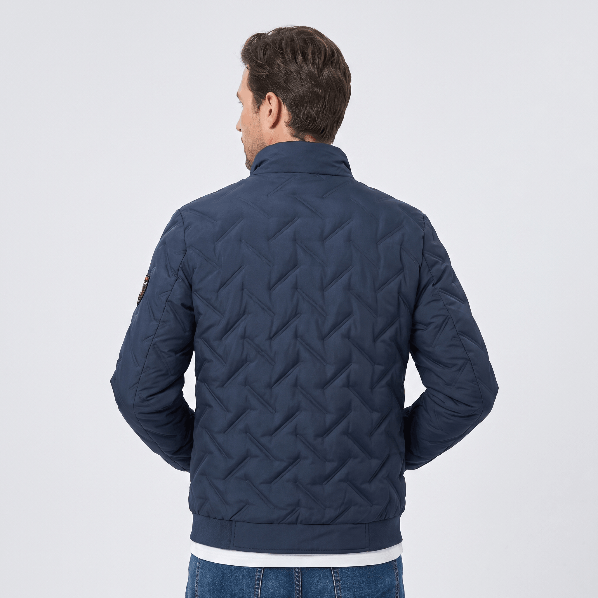Cyrus Chevron-Quilted Bomber Jacket – Stand-Collar Zip-Up Insulated Outerwear