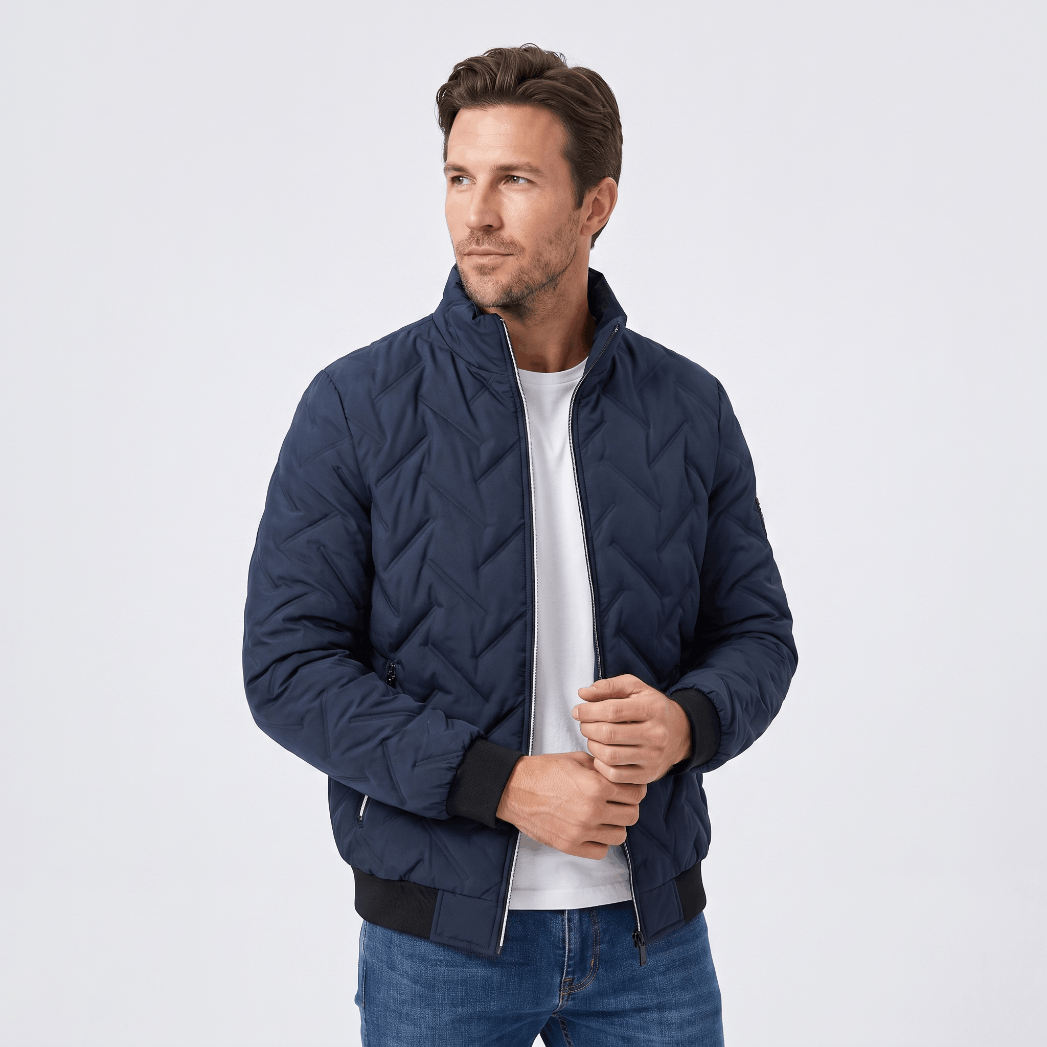 Cyrus Chevron-Quilted Bomber Jacket – Stand-Collar Zip-Up Insulated Outerwear