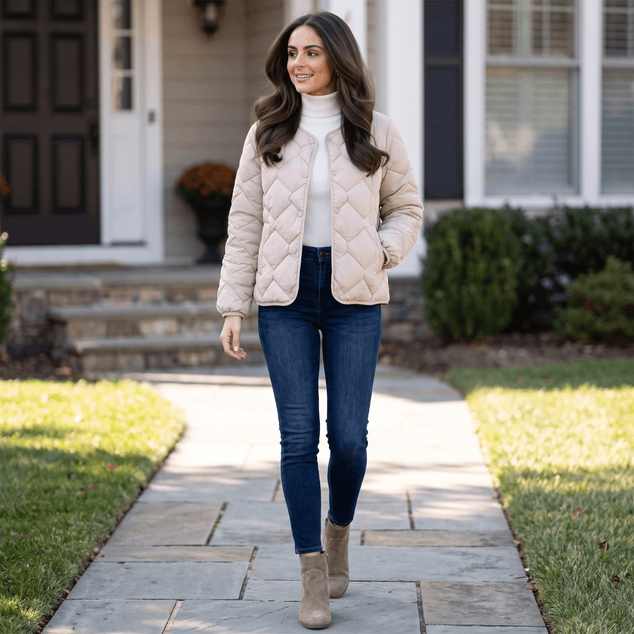 Emilia Diamond-Quilted Liner Jacket – Collarless Snap-Button Lightweight Outerwear