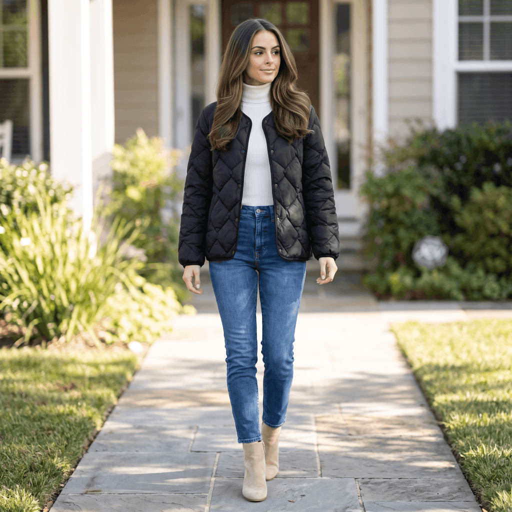 Emilia Diamond-Quilted Liner Jacket – Collarless Snap-Button Lightweight Outerwear