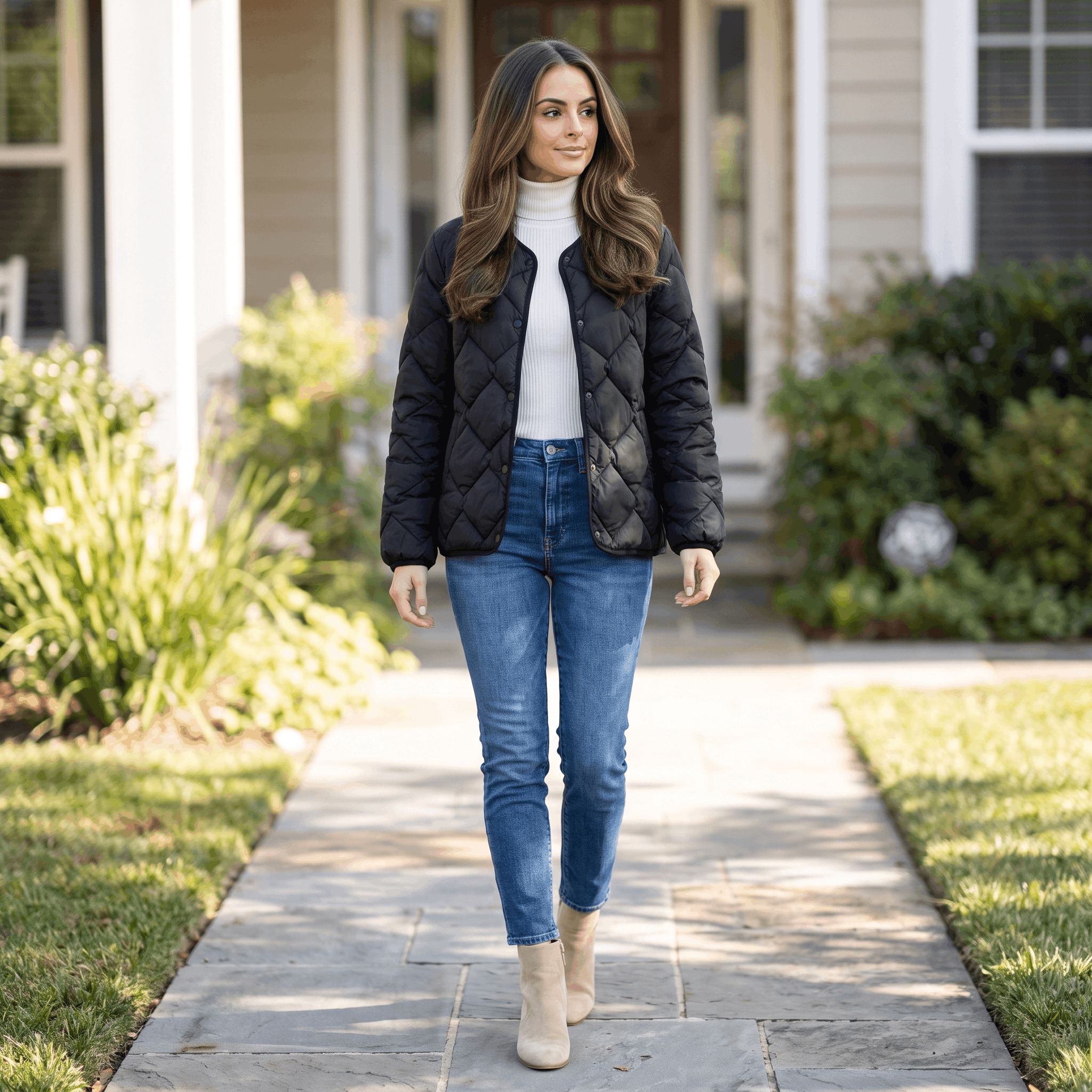 Emilia Diamond-Quilted Liner Jacket – Collarless Snap-Button Lightweight Outerwear