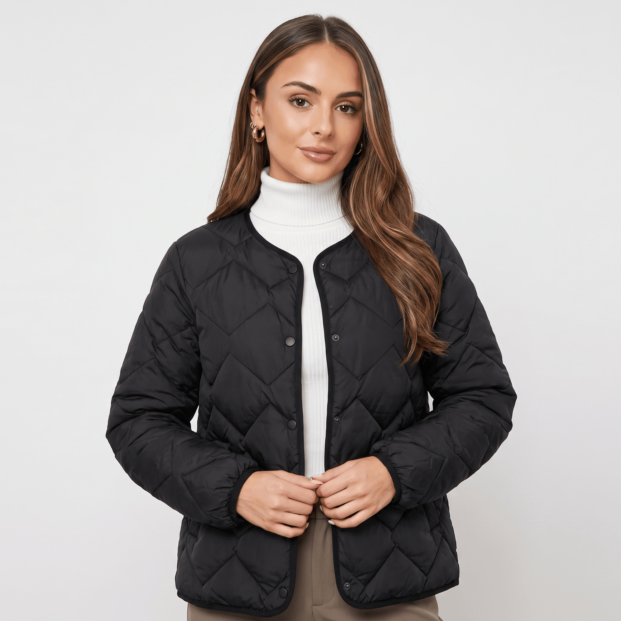 Emilia Diamond-Quilted Liner Jacket – Collarless Snap-Button Lightweight Outerwear