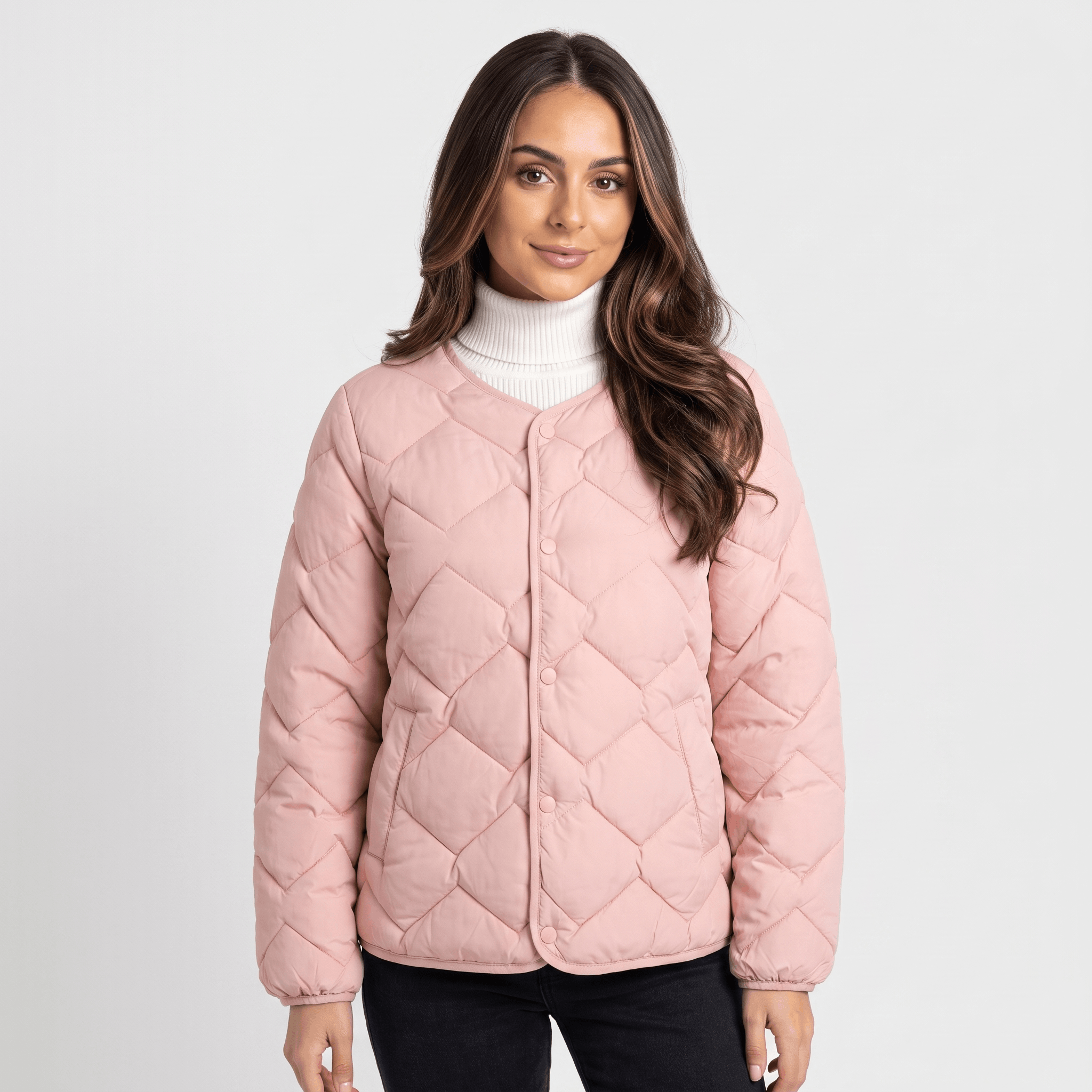 Emilia Diamond-Quilted Liner Jacket – Collarless Snap-Button Lightweight Outerwear