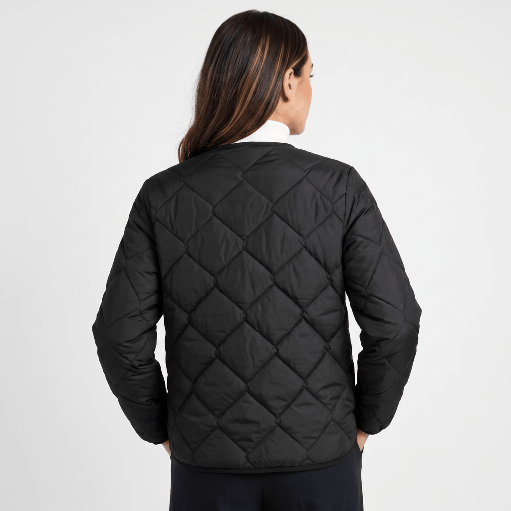 Emilia Diamond-Quilted Liner Jacket – Collarless Snap-Button Lightweight Outerwear