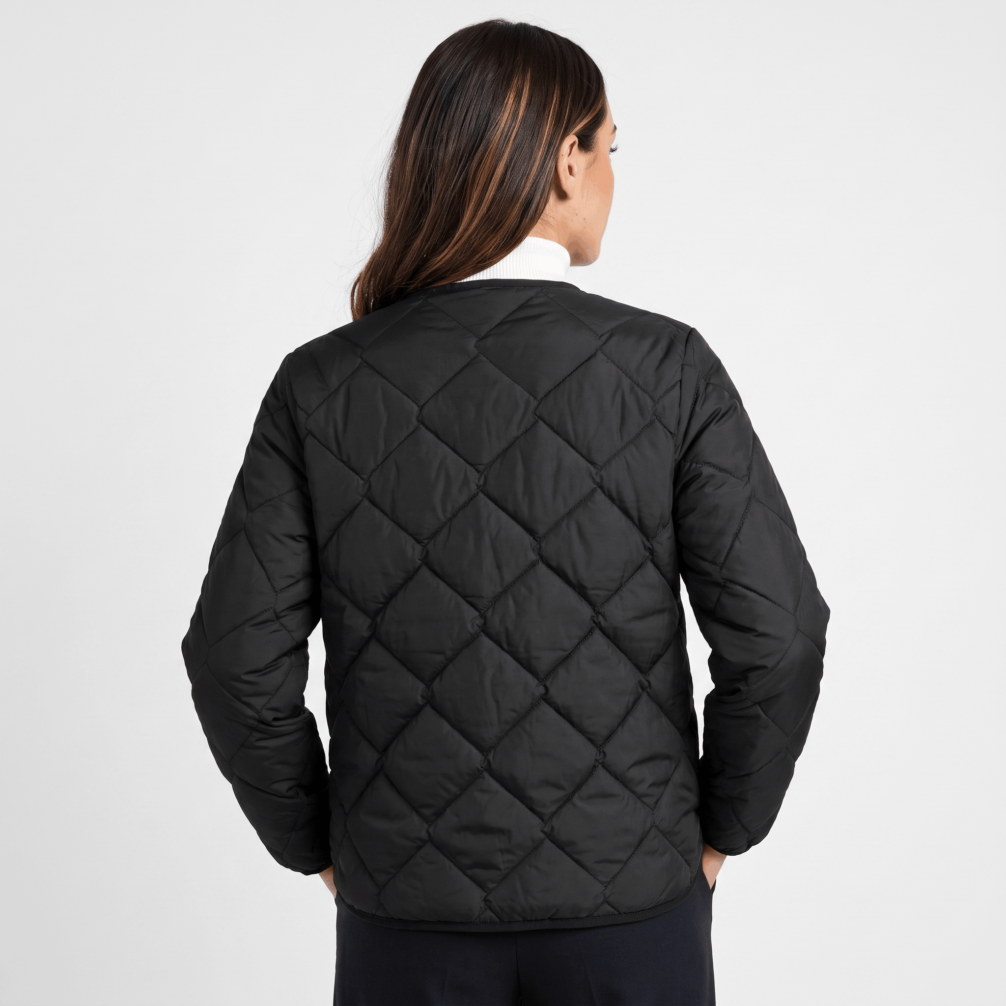 Emilia Diamond-Quilted Liner Jacket – Collarless Snap-Button Lightweight Outerwear