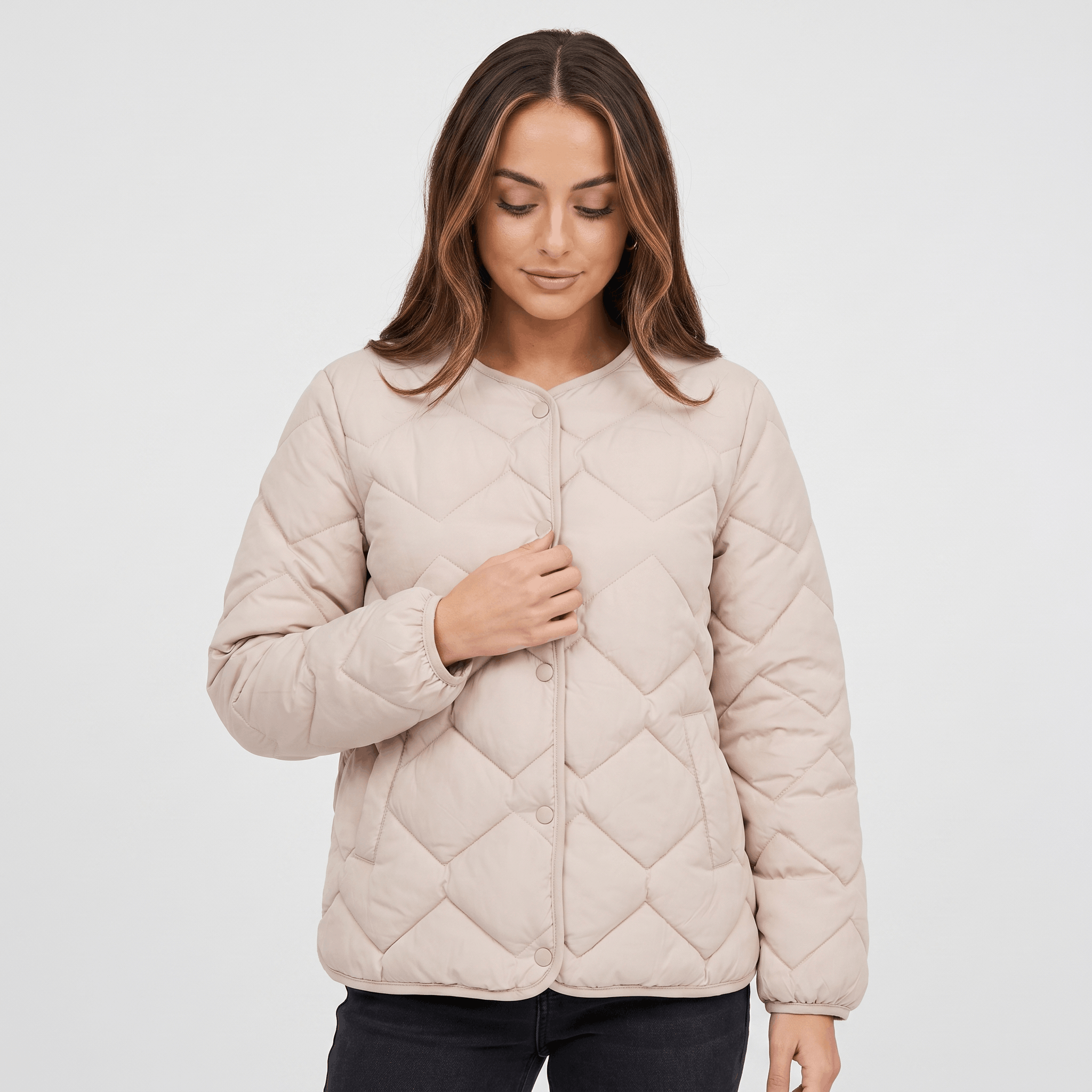 Emilia Diamond-Quilted Liner Jacket – Collarless Snap-Button Lightweight Outerwear