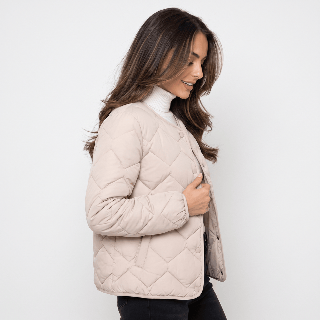Emilia Diamond-Quilted Liner Jacket – Collarless Snap-Button Lightweight Outerwear