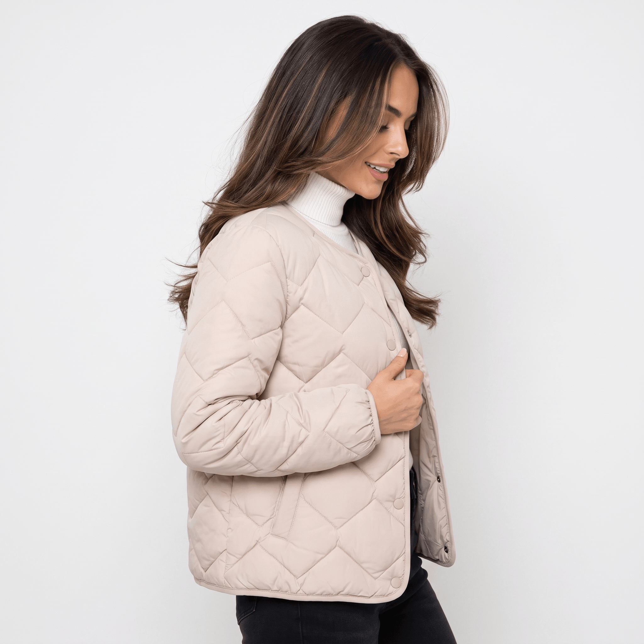 Emilia Diamond-Quilted Liner Jacket – Collarless Snap-Button Lightweight Outerwear