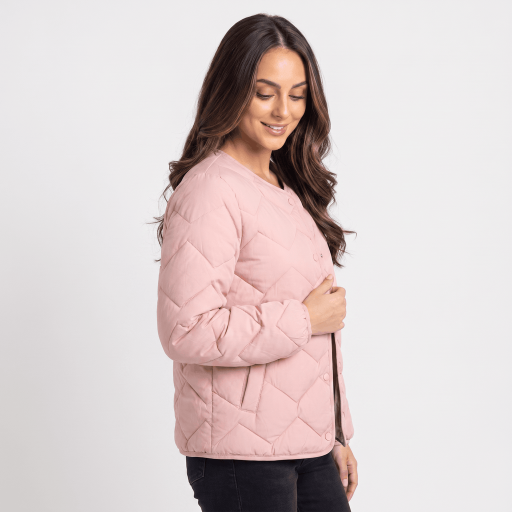 Emilia Diamond-Quilted Liner Jacket – Collarless Snap-Button Lightweight Outerwear