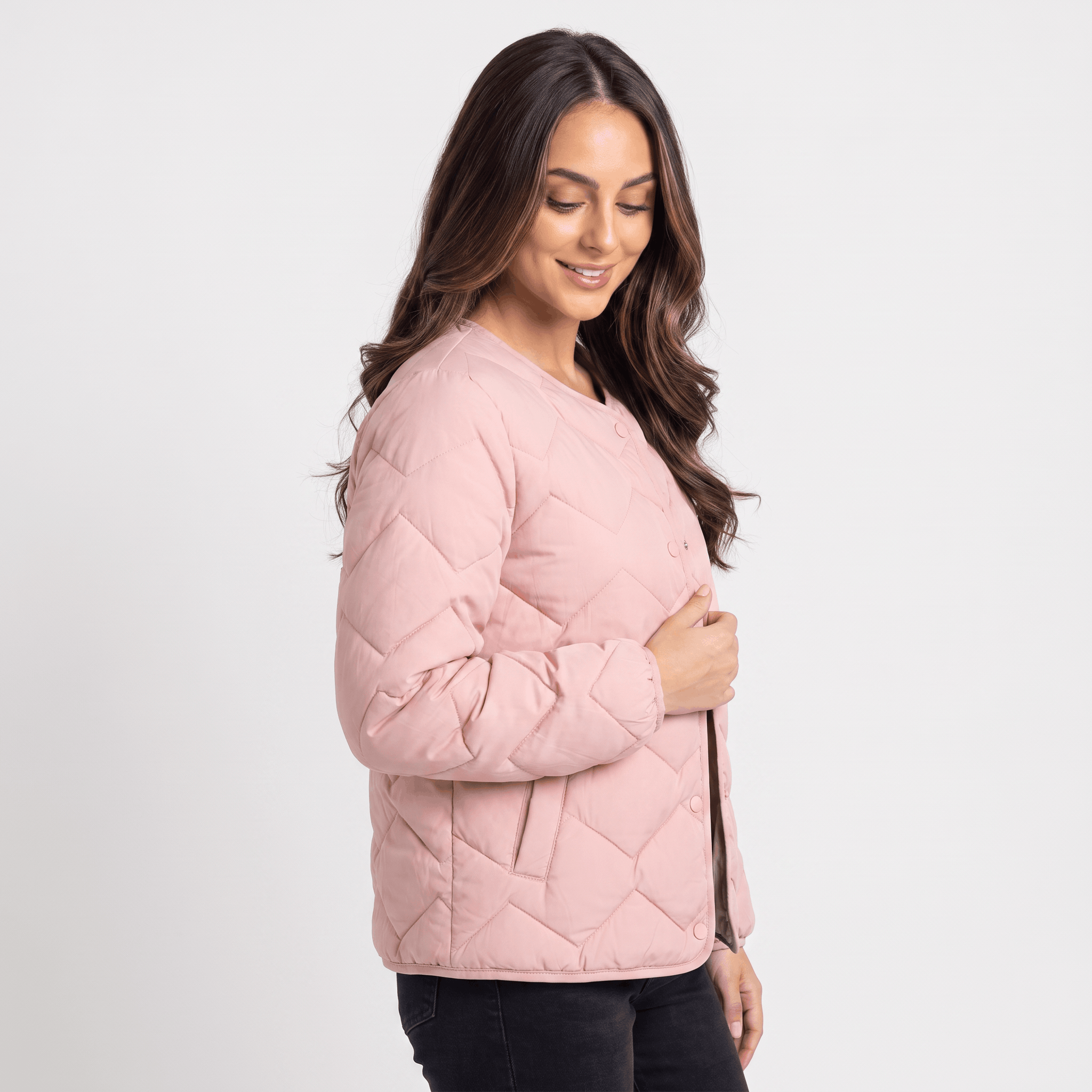 Emilia Diamond-Quilted Liner Jacket – Collarless Snap-Button Lightweight Outerwear