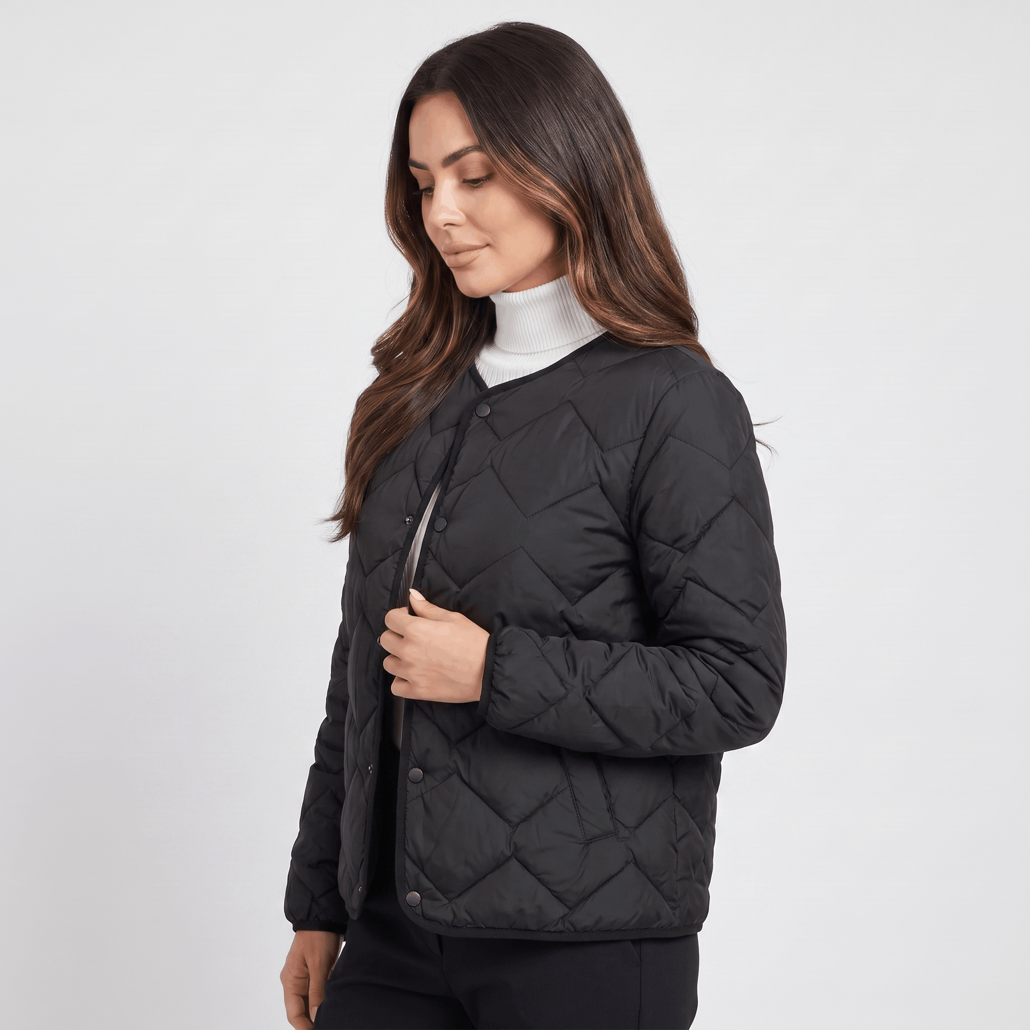 Emilia Diamond-Quilted Liner Jacket – Collarless Snap-Button Lightweight Outerwear