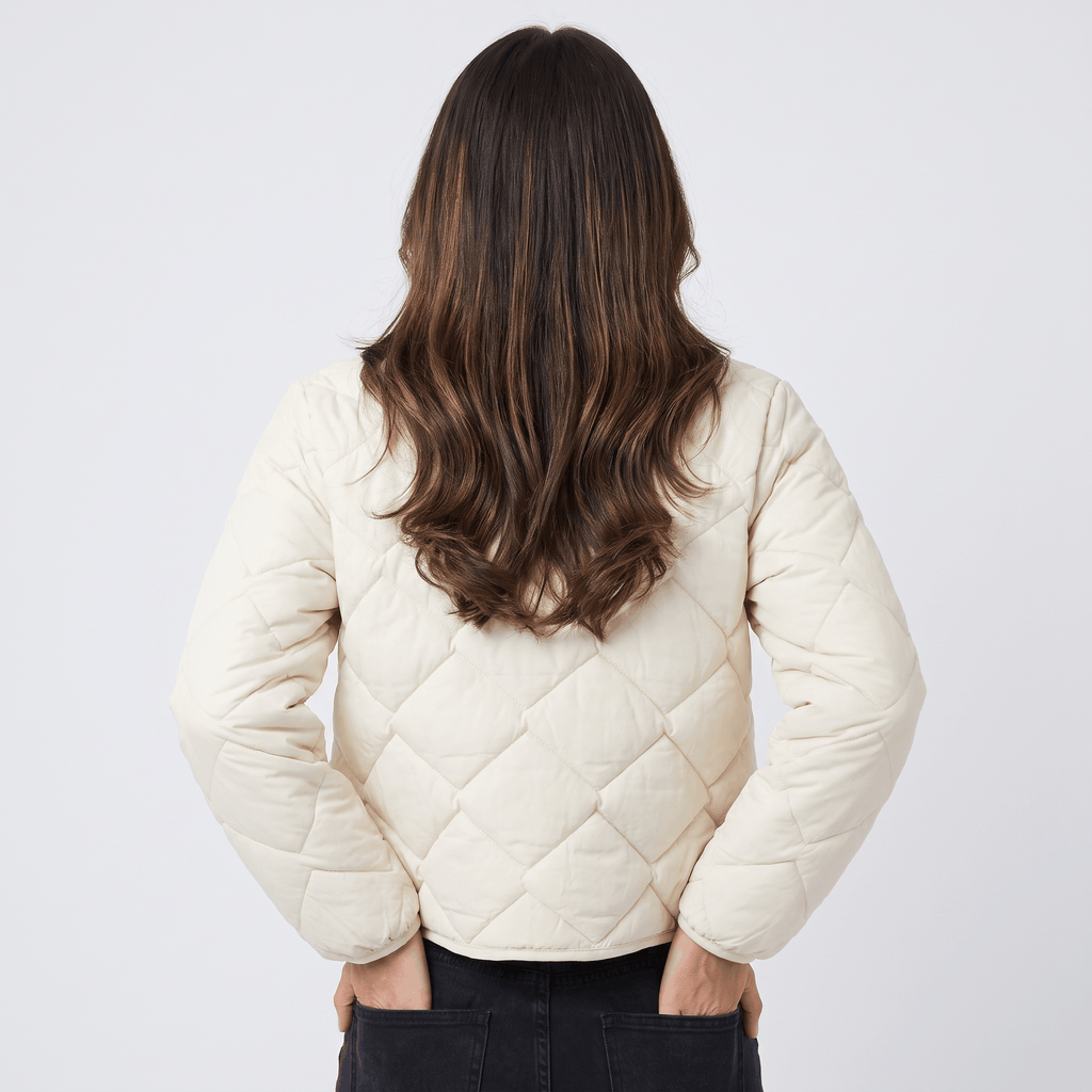 Emilia Diamond-Quilted Liner Jacket – Collarless Snap-Button Lightweight Outerwear