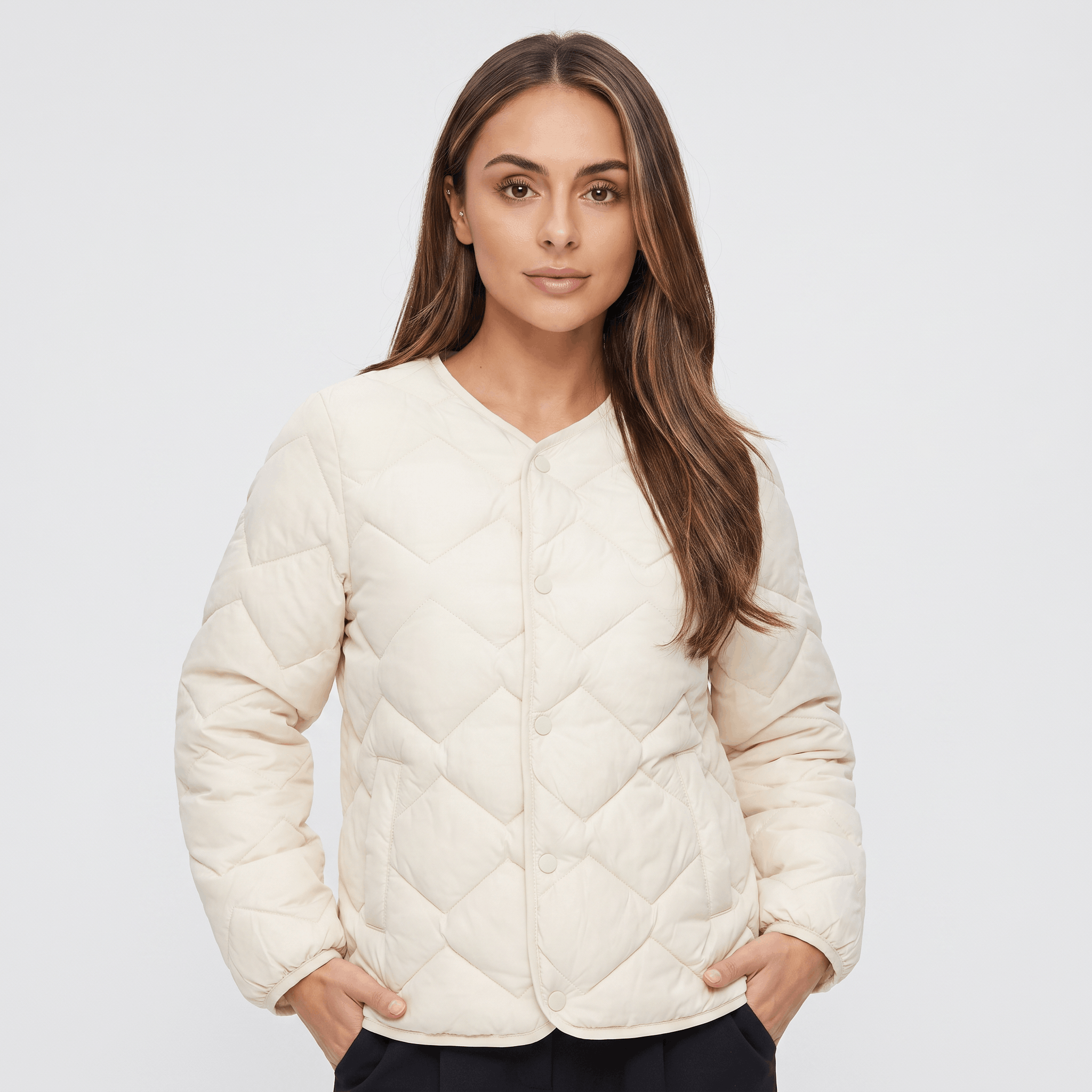 Emilia Diamond-Quilted Liner Jacket – Collarless Snap-Button Lightweight Outerwear