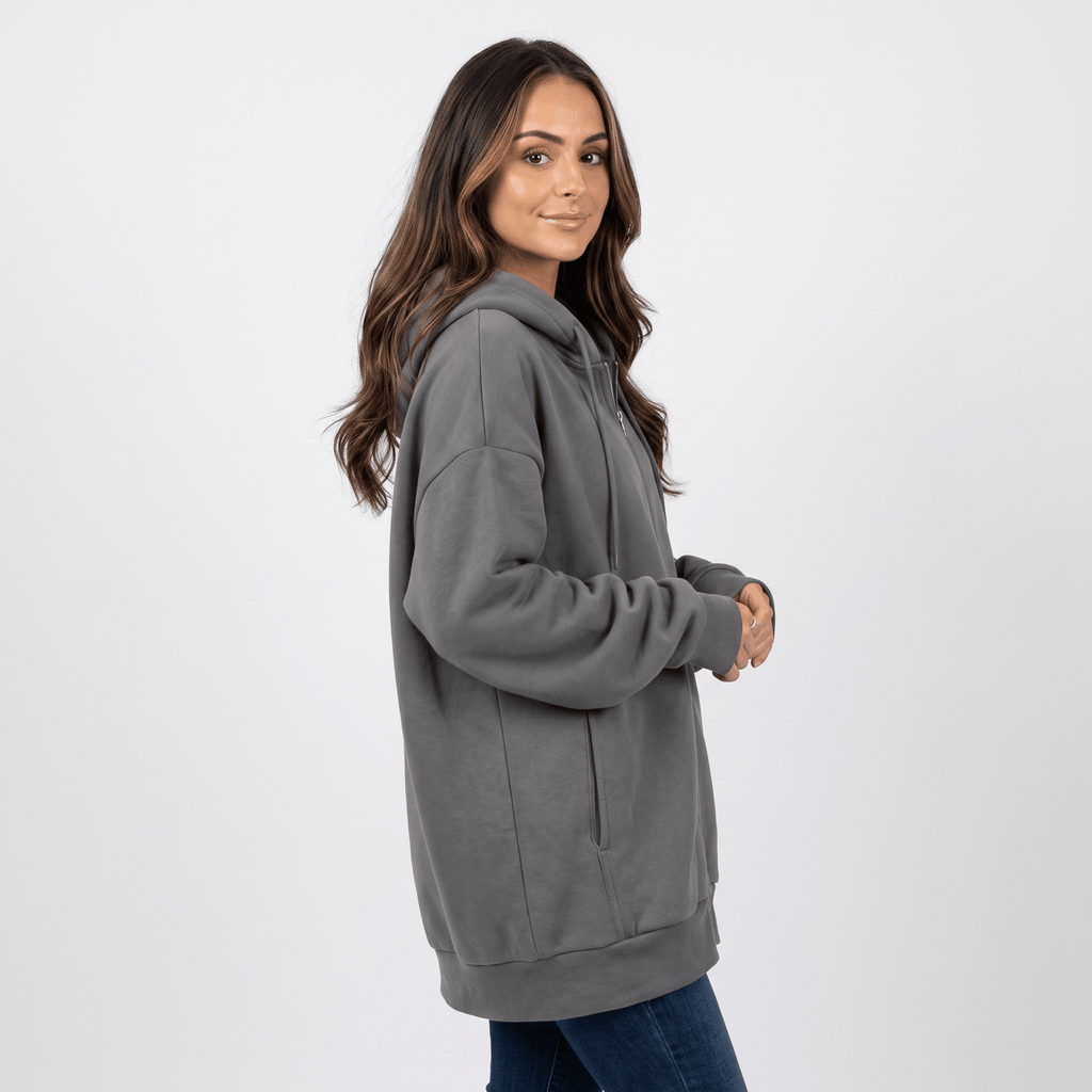 Hailey Fleece Zip-Up Hoodie – Longline Oversized Drawstring Sweatshirt