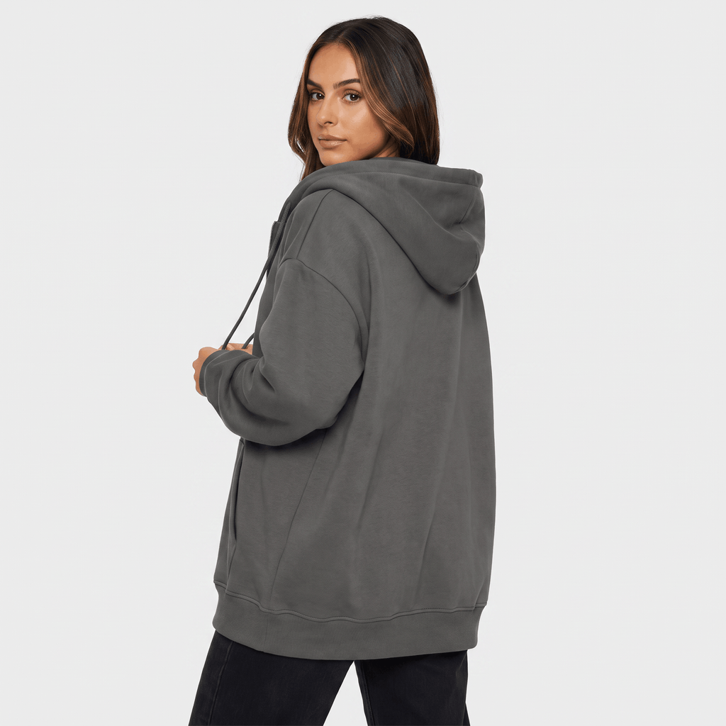 Hailey Fleece Zip-Up Hoodie – Longline Oversized Drawstring Sweatshirt