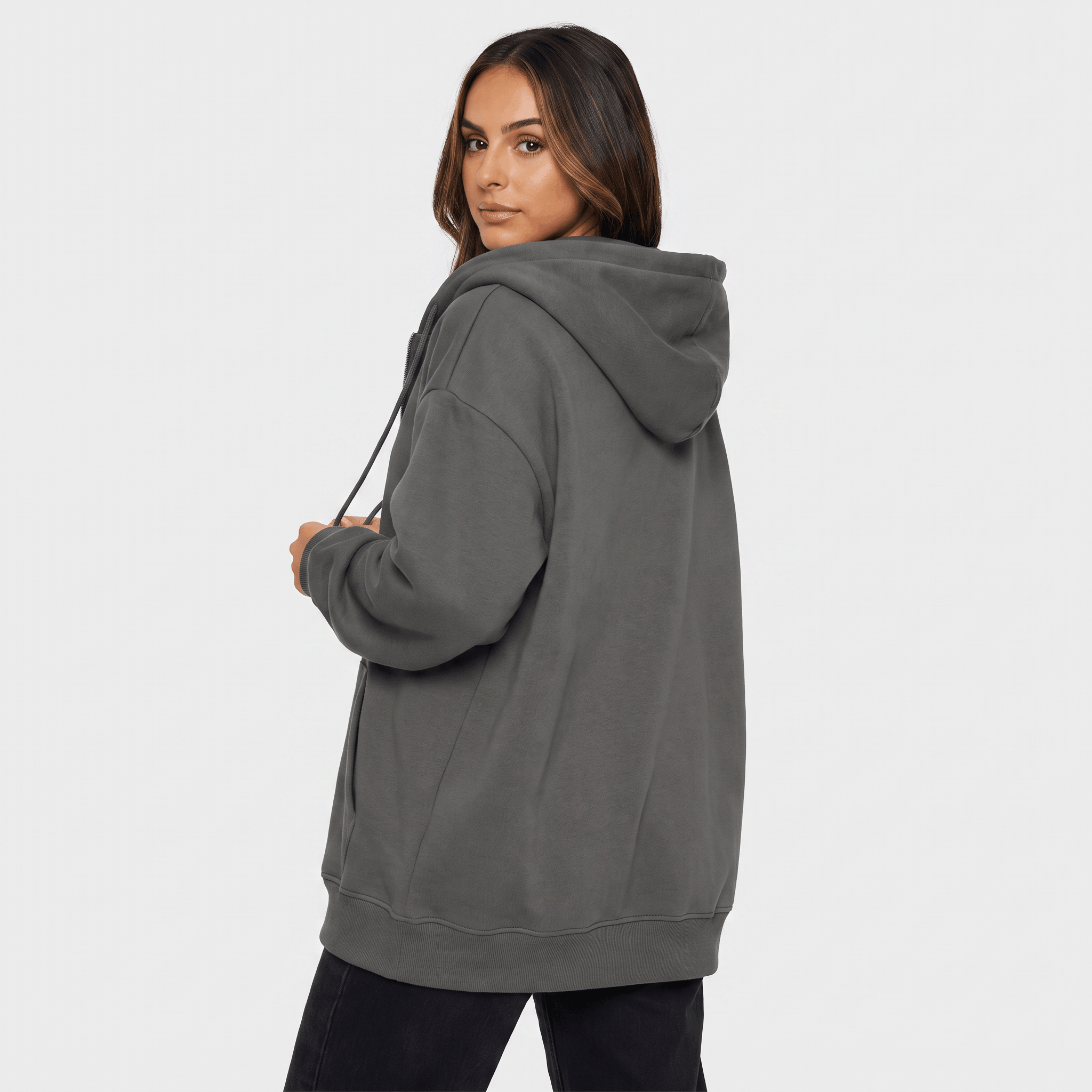 Hailey Fleece Zip-Up Hoodie – Longline Oversized Drawstring Sweatshirt