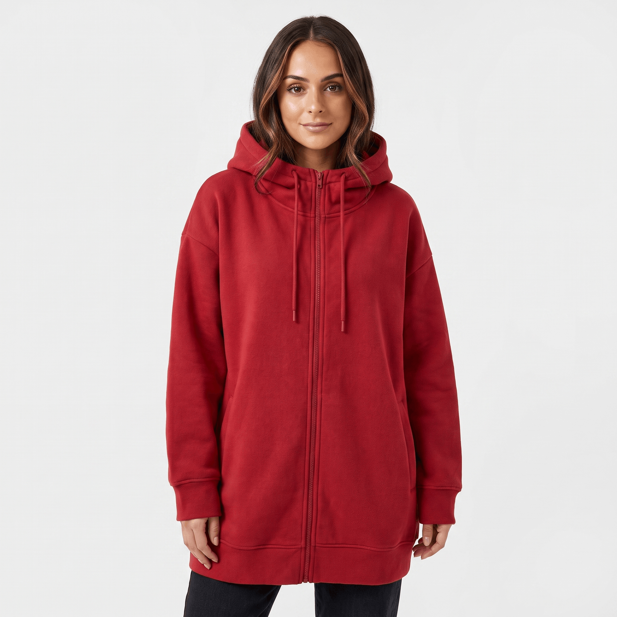 Hailey Fleece Zip-Up Hoodie – Longline Oversized Drawstring Sweatshirt