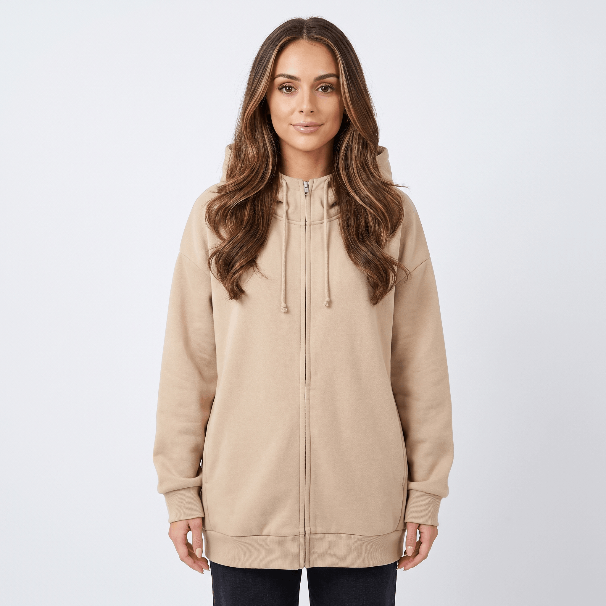 Hailey Fleece Zip-Up Hoodie – Longline Oversized Drawstring Sweatshirt