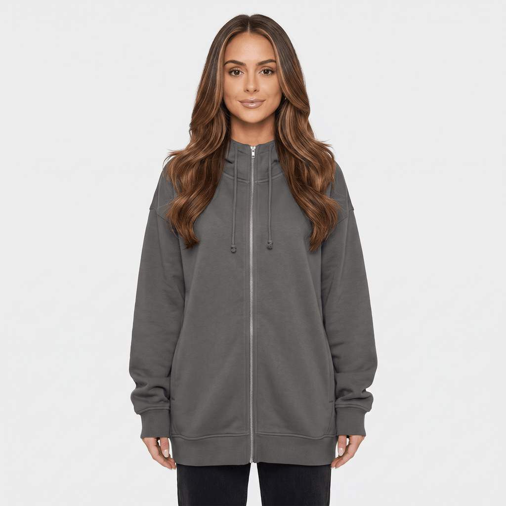 Hailey Fleece Zip-Up Hoodie – Longline Oversized Drawstring Sweatshirt