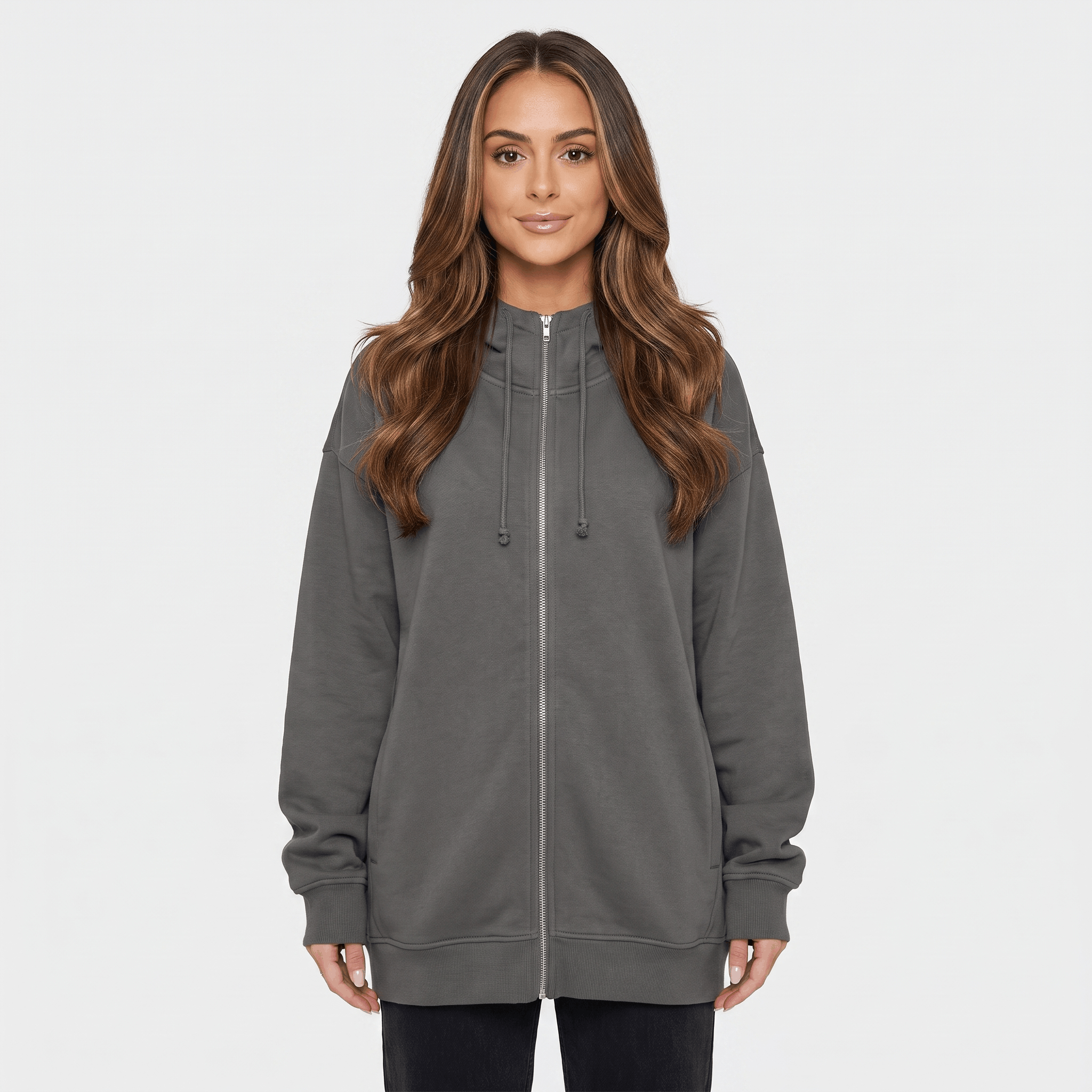 Hailey Fleece Zip-Up Hoodie – Longline Oversized Drawstring Sweatshirt