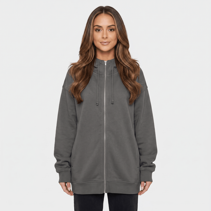 Hailey Fleece Zip-Up Hoodie – Longline Oversized Drawstring Sweatshirt