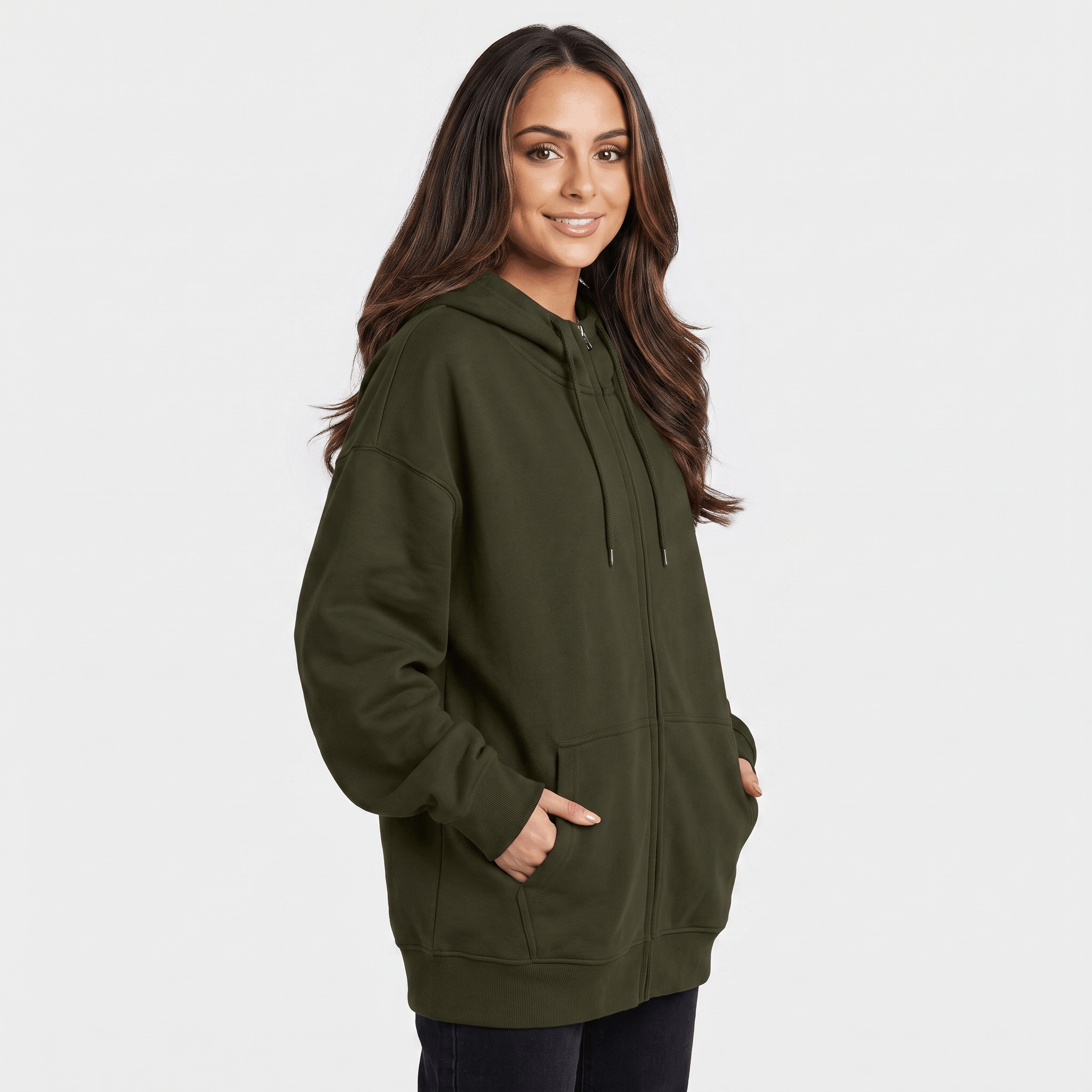 Hailey Fleece Zip-Up Hoodie – Longline Oversized Drawstring Sweatshirt