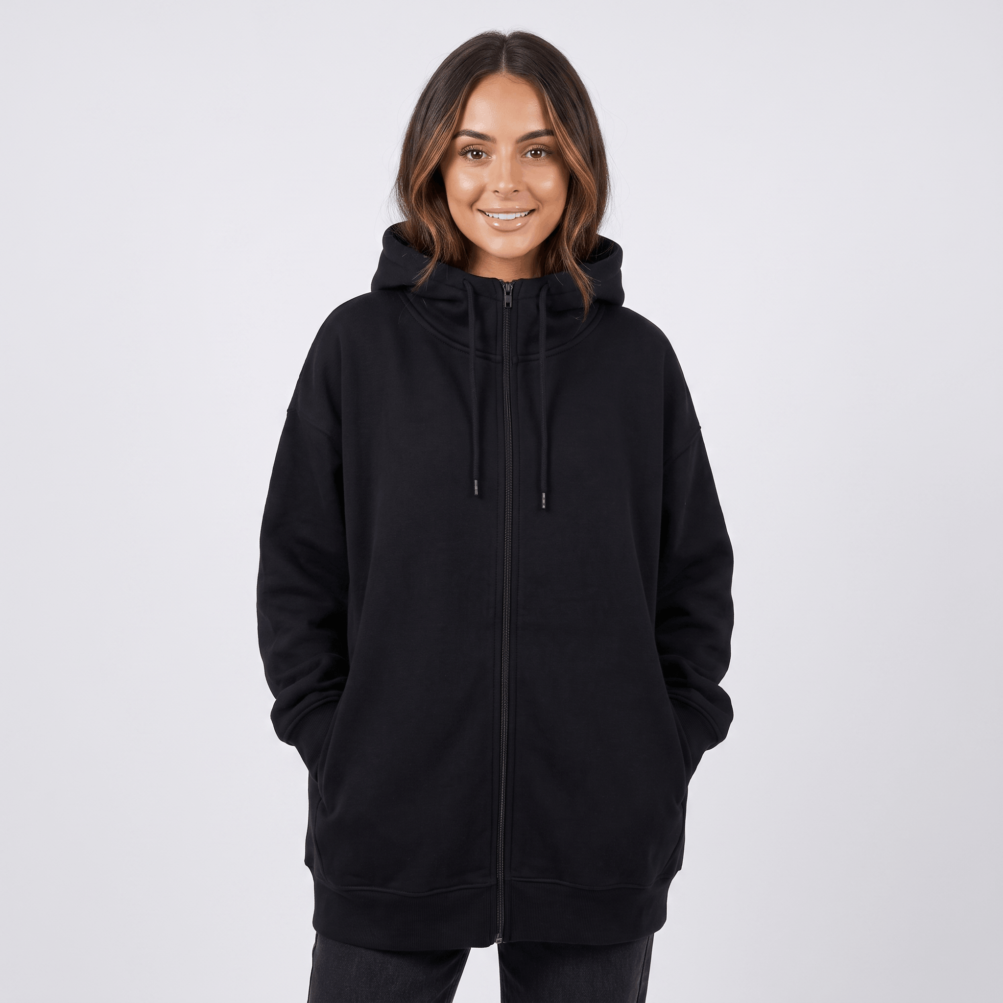 Hailey Fleece Zip-Up Hoodie – Longline Oversized Drawstring Sweatshirt