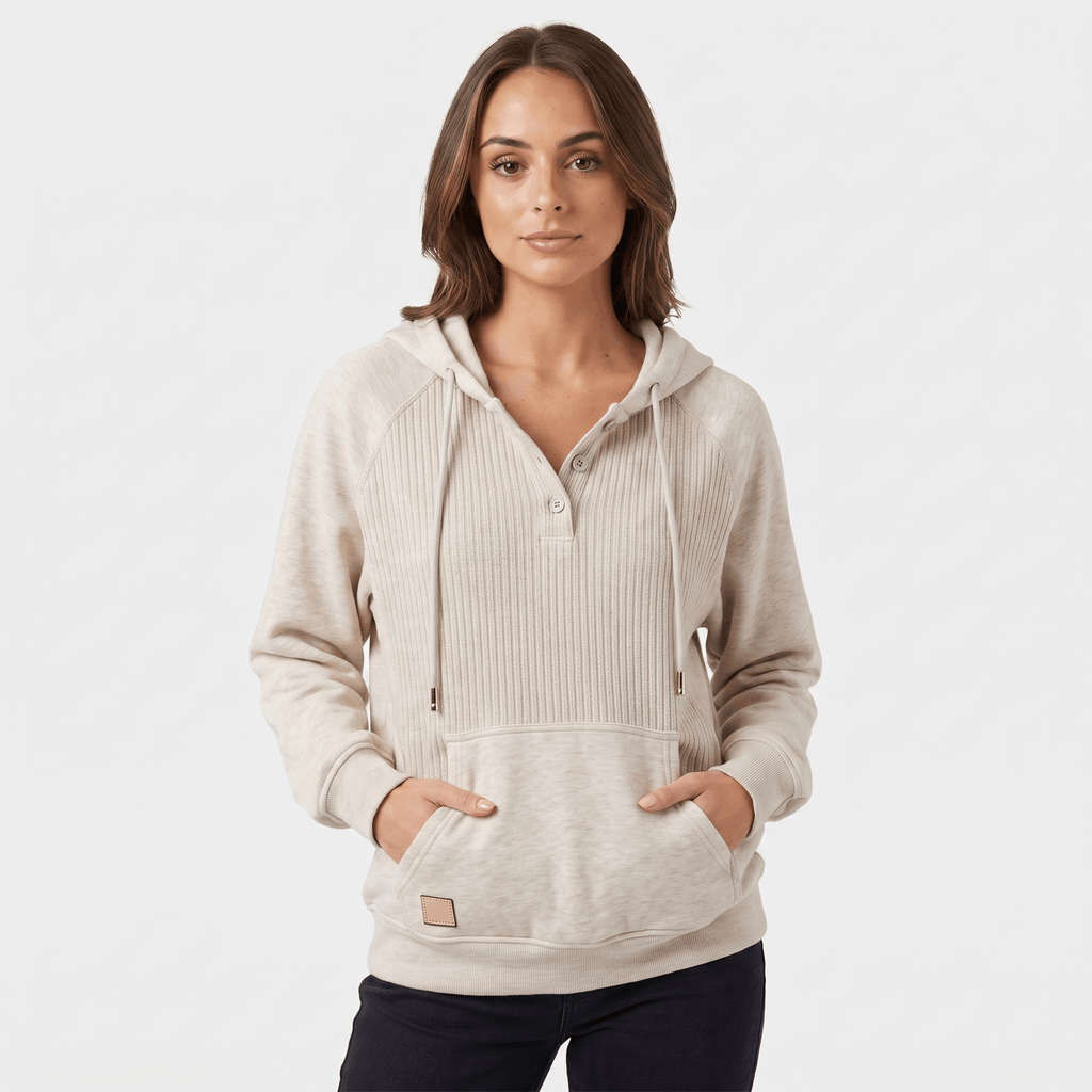 Wendy Ribbed Knit Hoodie – Button Placket Drawstring Raglan Pullover