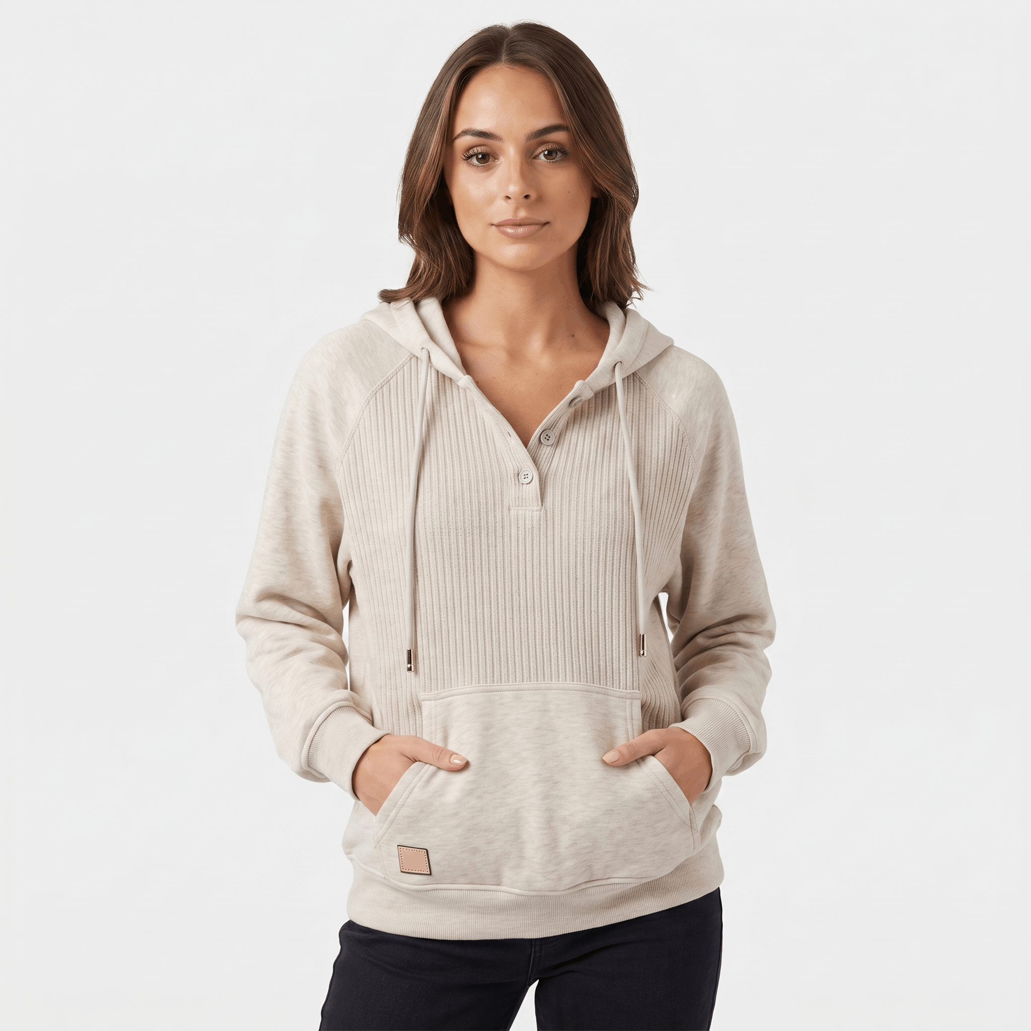 Wendy Ribbed Knit Hoodie – Button Placket Drawstring Raglan Pullover