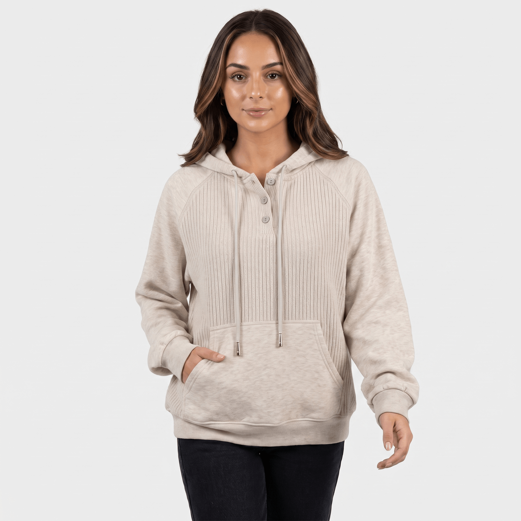 Wendy Ribbed Knit Hoodie – Button Placket Drawstring Raglan Pullover