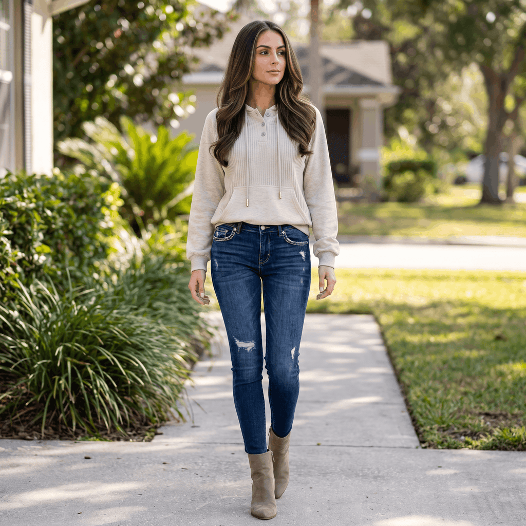 Wendy Ribbed Knit Hoodie – Button Placket Drawstring Raglan Pullover