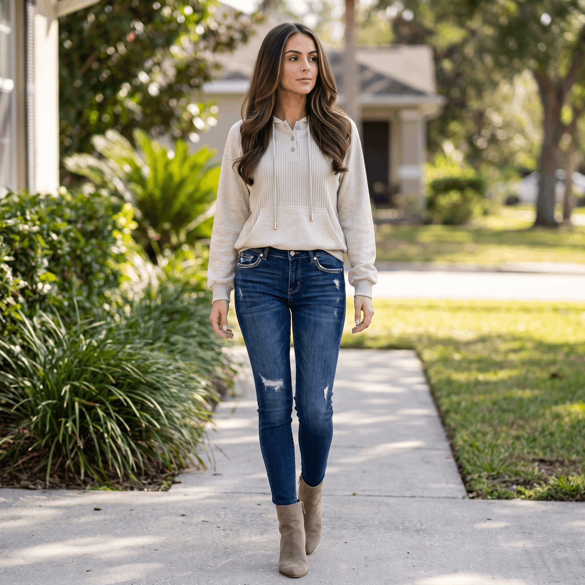 Wendy Ribbed Knit Hoodie – Button Placket Drawstring Raglan Pullover