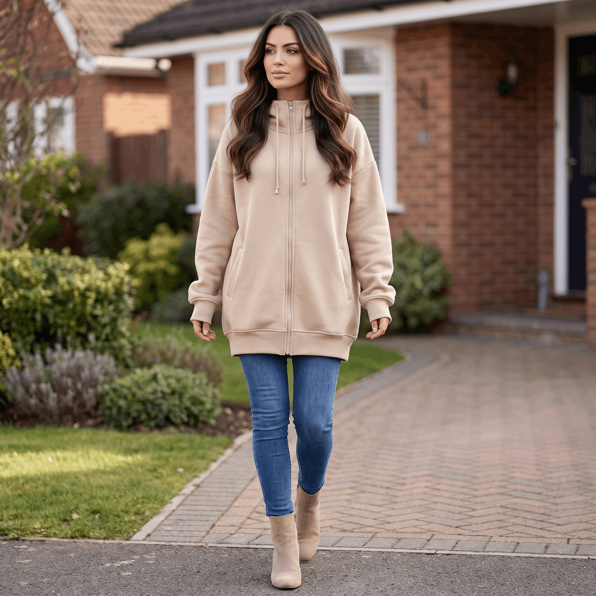 Hailey Fleece Zip-Up Hoodie – Longline Oversized Drawstring Sweatshirt